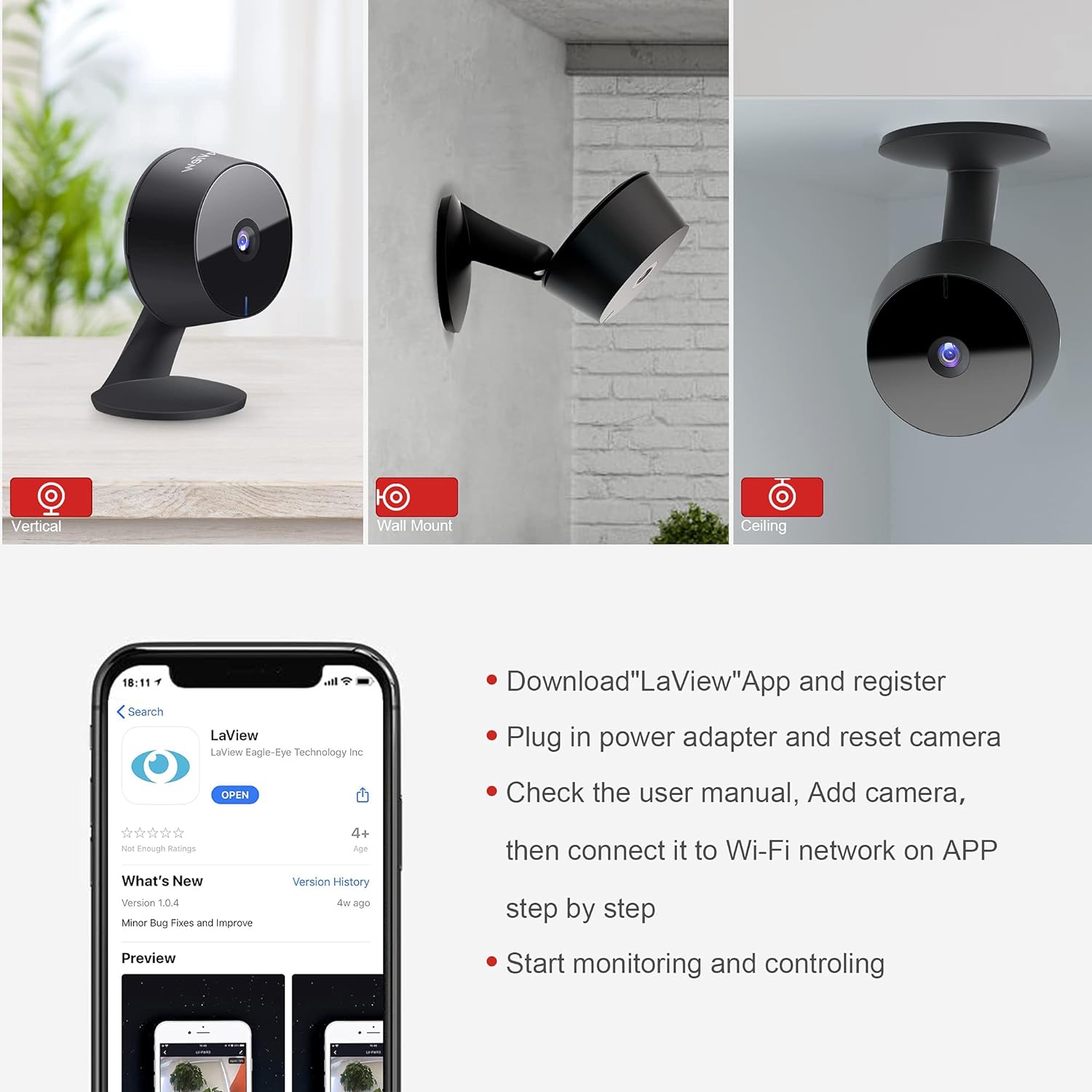 LaView Security Cameras 4pcs, Home Security Camera Indoor 1080P, Wi-Fi Cameras Wired for Pet, Motion Detection, Two-Way Audio, Night Vision, Phone App, Works with Alexa, iOS & Android & Web Access