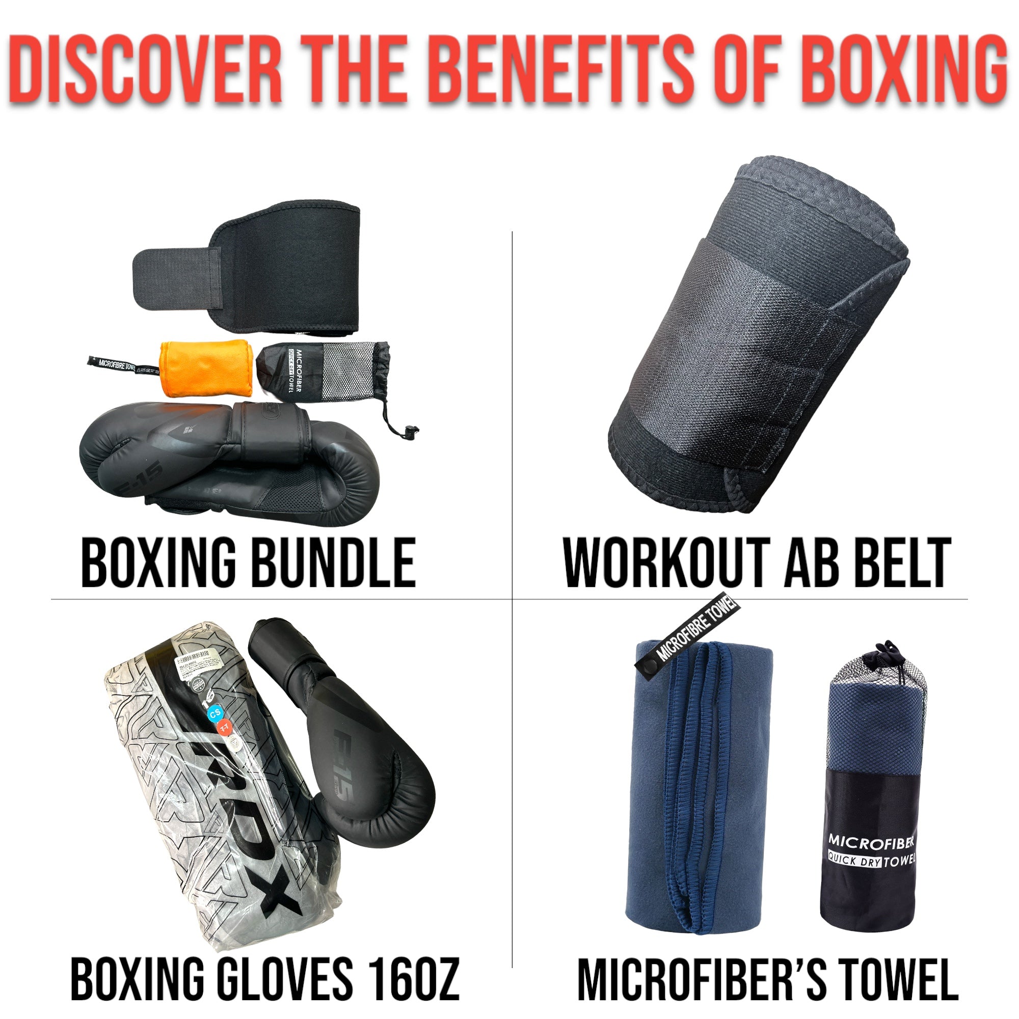 Fitness Gym Bagwork Unisex Set for Athletes (Pack of 3), Martial Arts Practitioners, Overweight Individuals. Included RDX F15 Boxing Gloves, Microfiber Towel, and Waist Trainer Belt