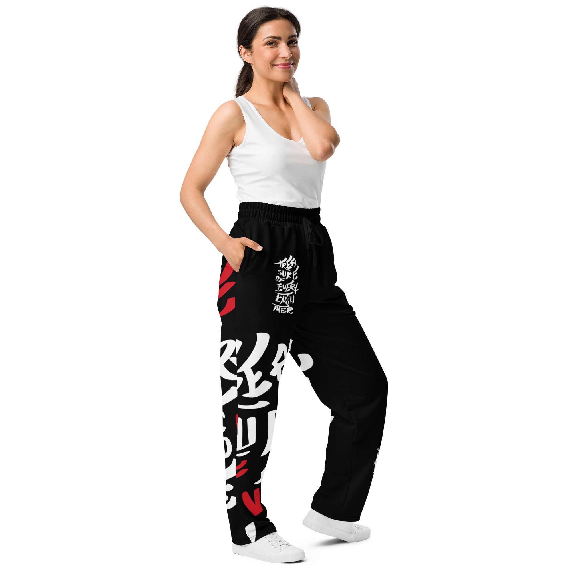 Wide-Leg Joggers - Treasure of Every Encounter 一期一会 Digital Print by Los Gusanos | High Waist, Tailored Wide Leg Pants