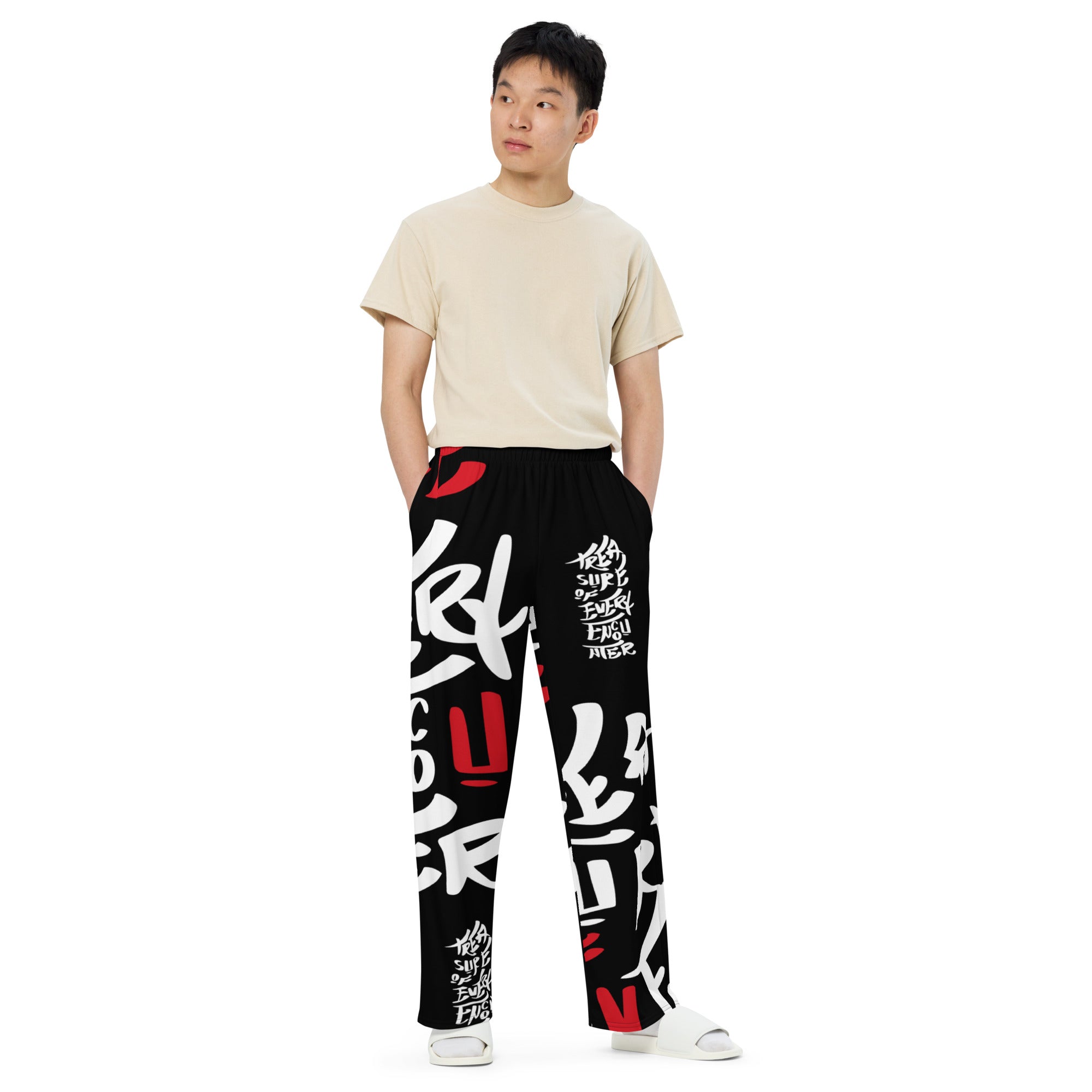 Unisex Wide-Leg Pants - Treasure of Every Encounter 一期一会 Digital Print by Los Gusanos | High Waist, Tailored Wide Leg Pants