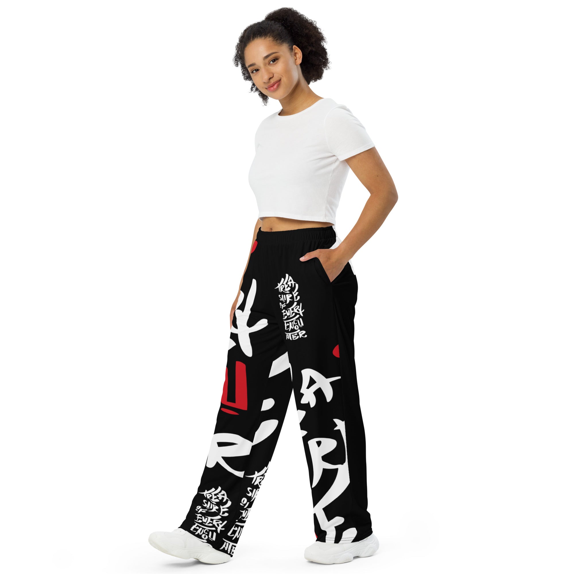 Unisex Wide-Leg Pants - Treasure of Every Encounter 一期一会 Digital Print by Los Gusanos | High Waist, Tailored Wide Leg Pants