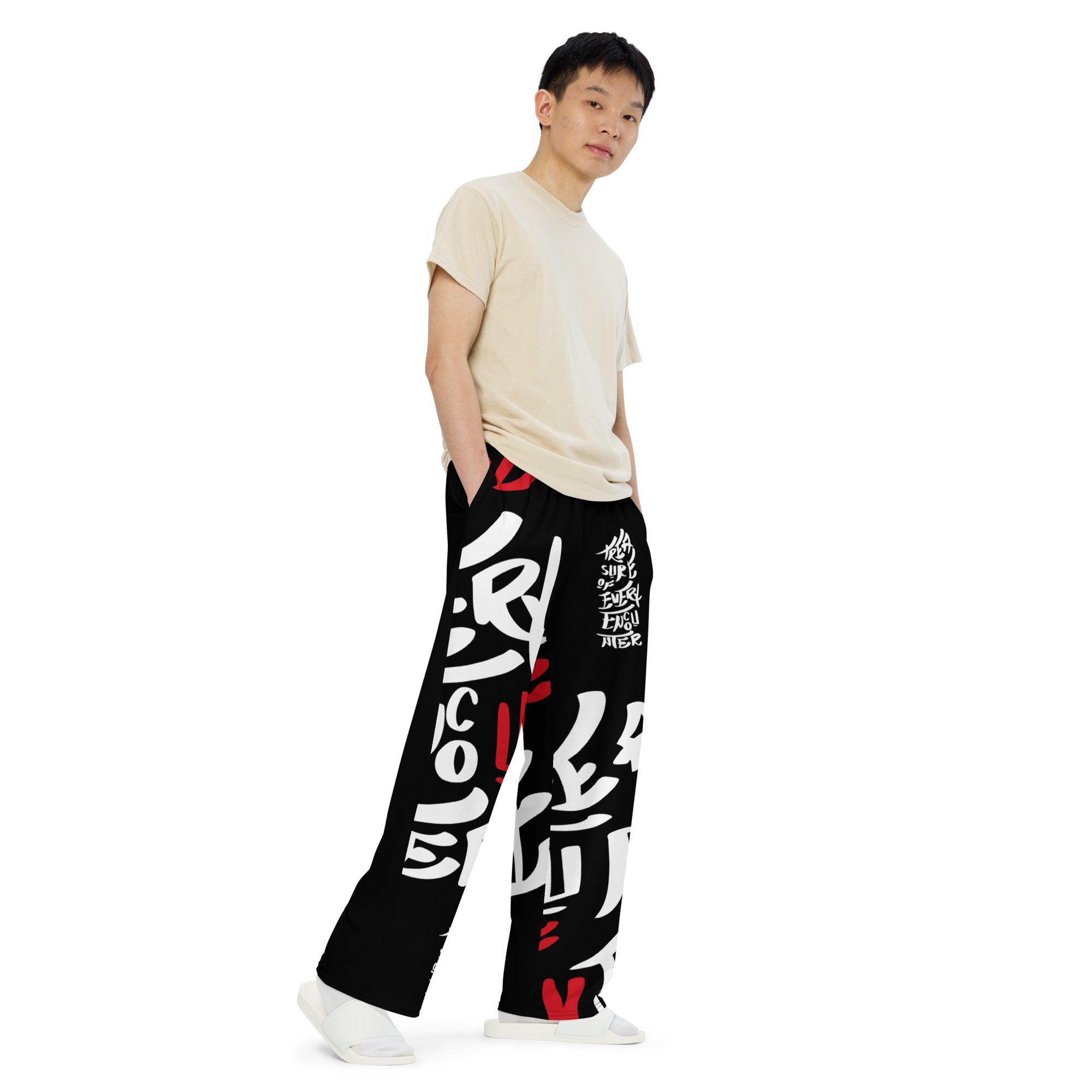 Unisex Wide-Leg Pants - Treasure of Every Encounter 一期一会 Digital Print by Los Gusanos | High Waist, Tailored Wide Leg Pants