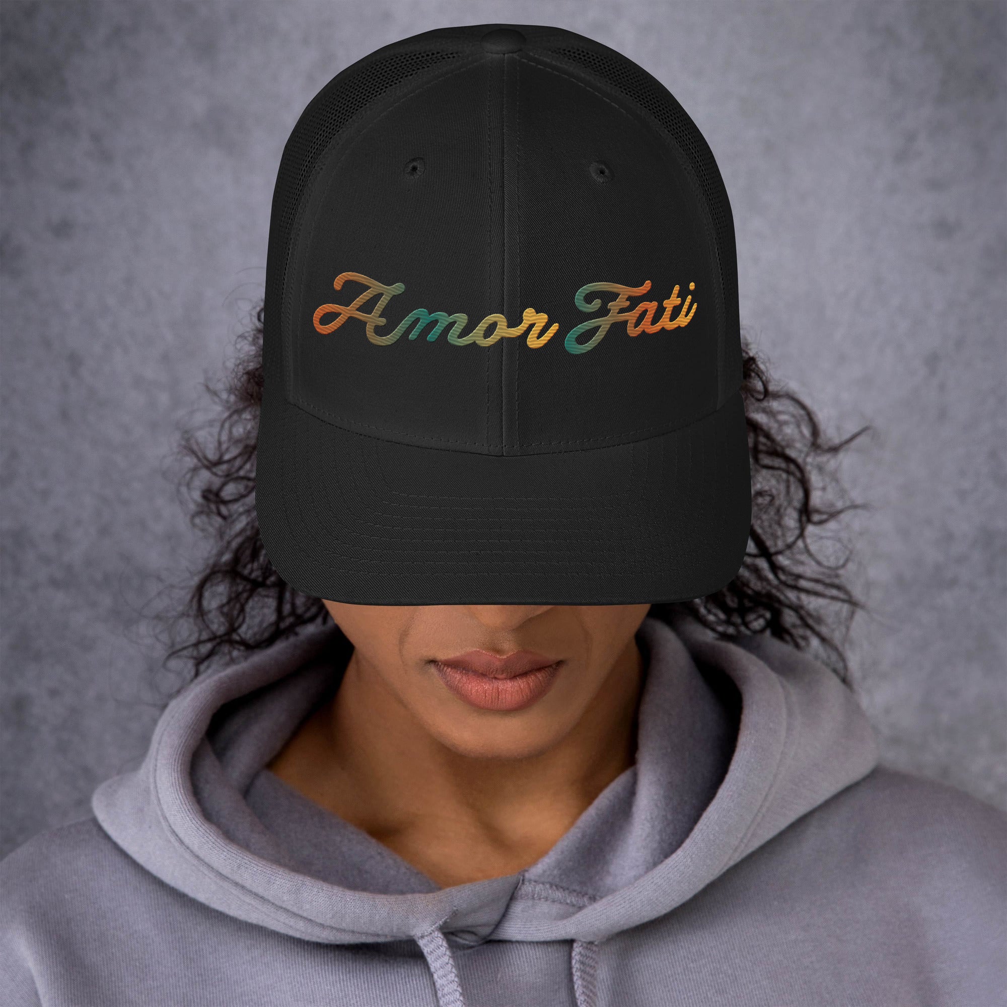 Trucker Cap - Amor Fati Embroidered Design by Los Gusanos | Classic Mesh Back Hat for Everyday Style