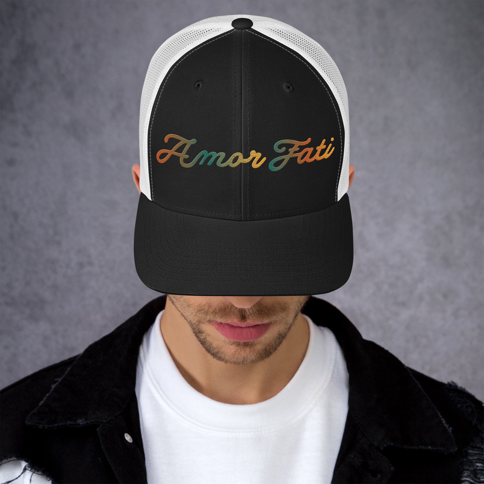 Trucker Cap - Amor Fati Embroidered Design by Los Gusanos | Classic Mesh Back Hat for Everyday Style