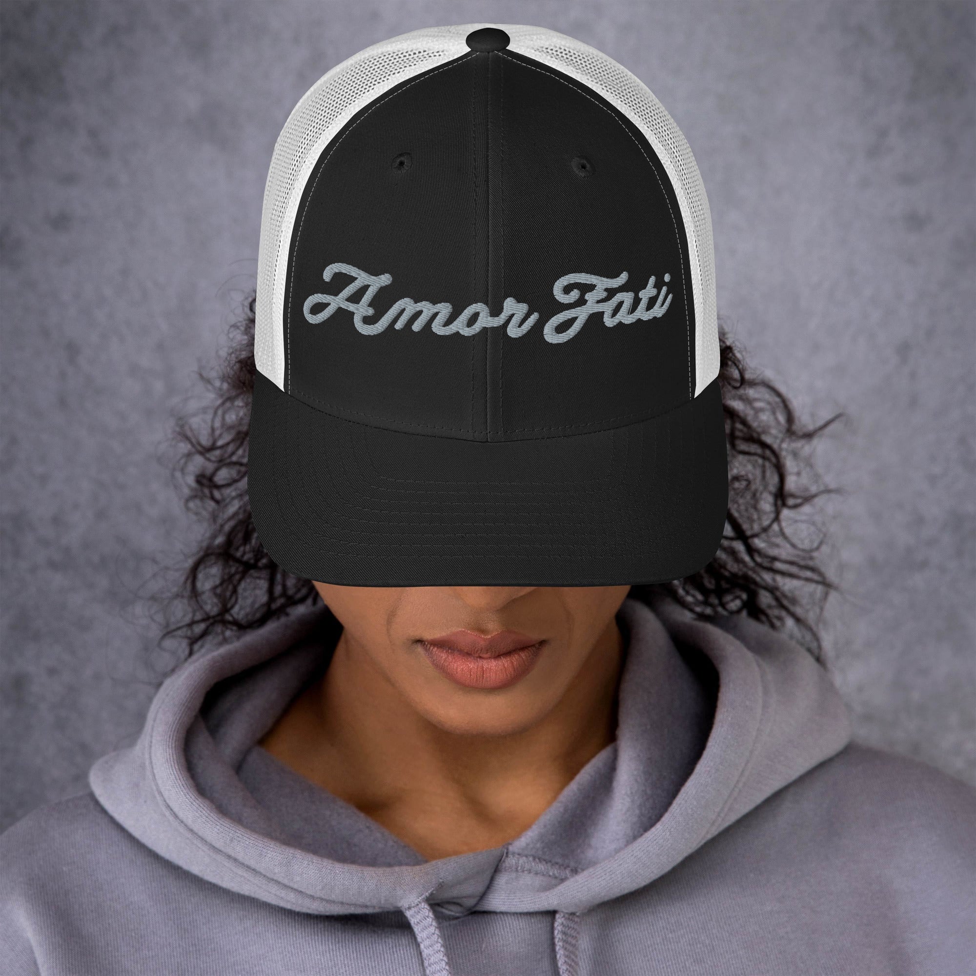 Trucker Cap - Amor Fati Embroidered Design by Los Gusanos | Classic Mesh Back Hat for Everyday Style