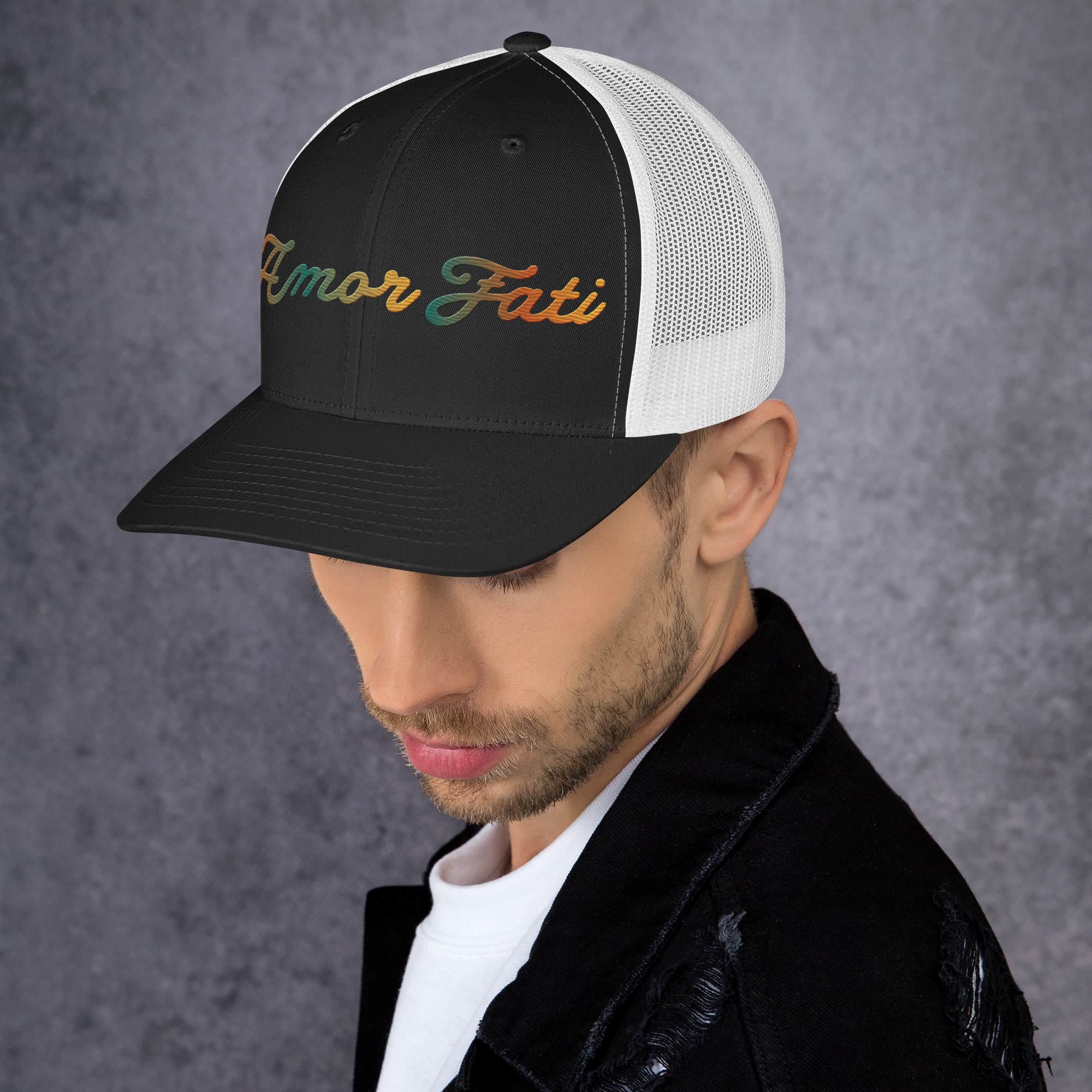 Trucker Cap - Amor Fati Embroidered Design by Los Gusanos | Classic Mesh Back Hat for Everyday Style