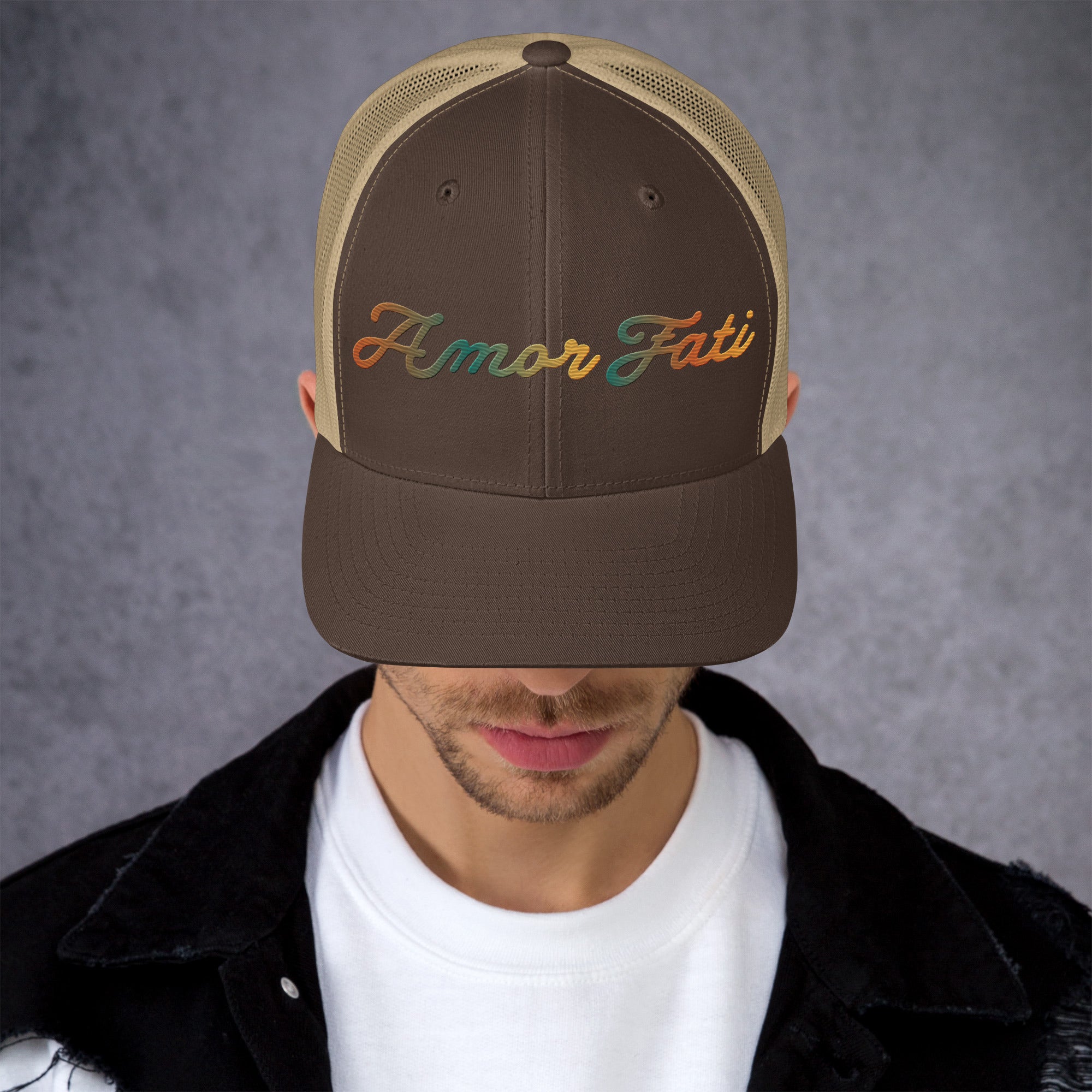 Trucker Cap - Amor Fati Embroidered Design by Los Gusanos | Classic Mesh Back Hat for Everyday Style