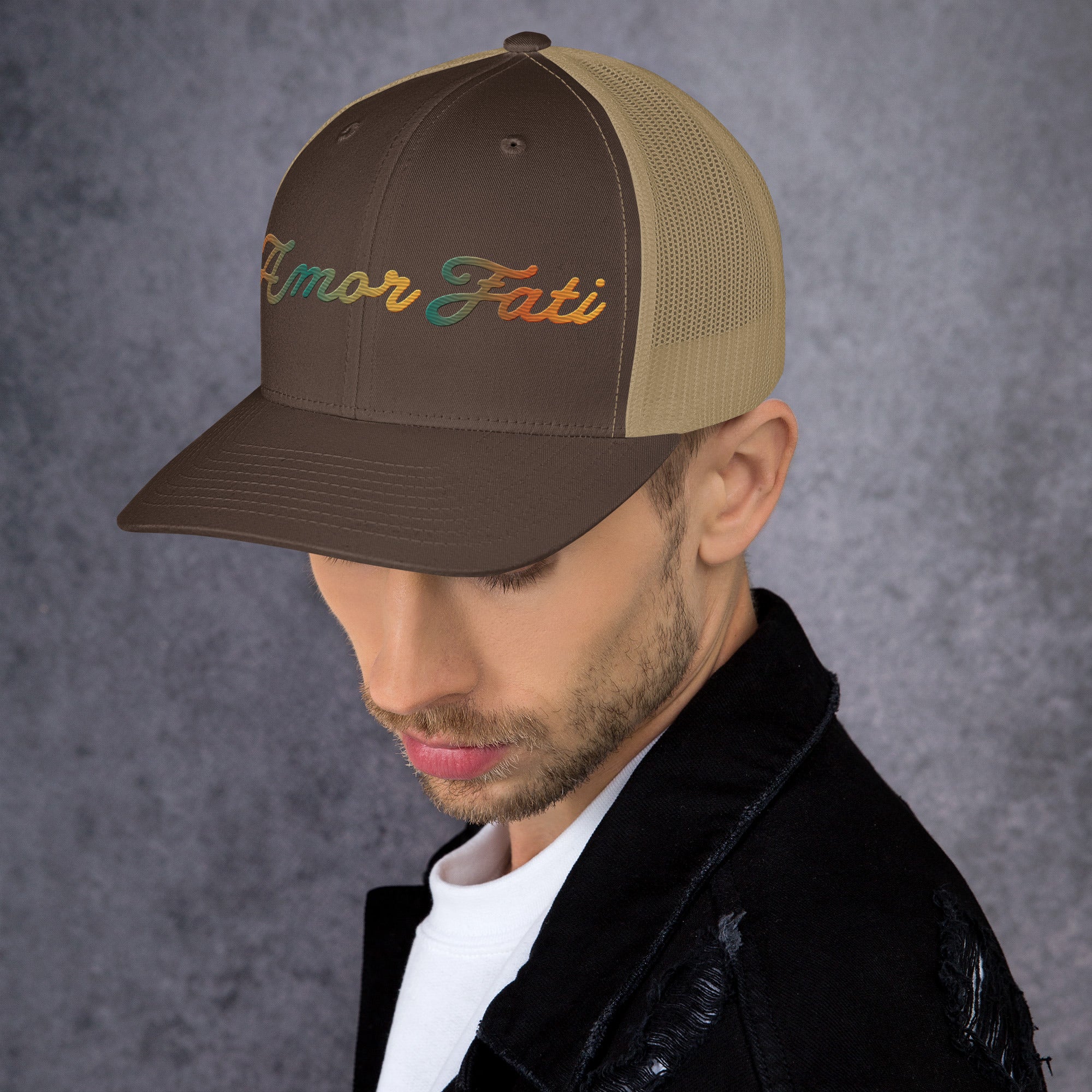 Trucker Cap - Amor Fati Embroidered Design by Los Gusanos | Classic Mesh Back Hat for Everyday Style