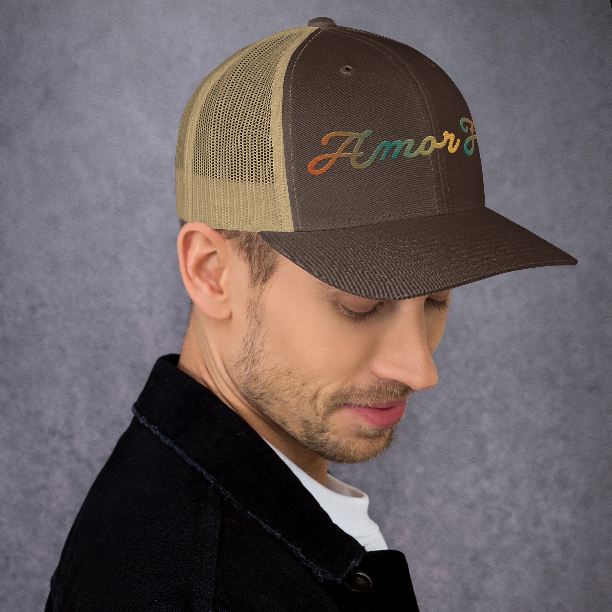 Trucker Cap - Amor Fati Embroidered Design by Los Gusanos | Classic Mesh Back Hat for Everyday Style