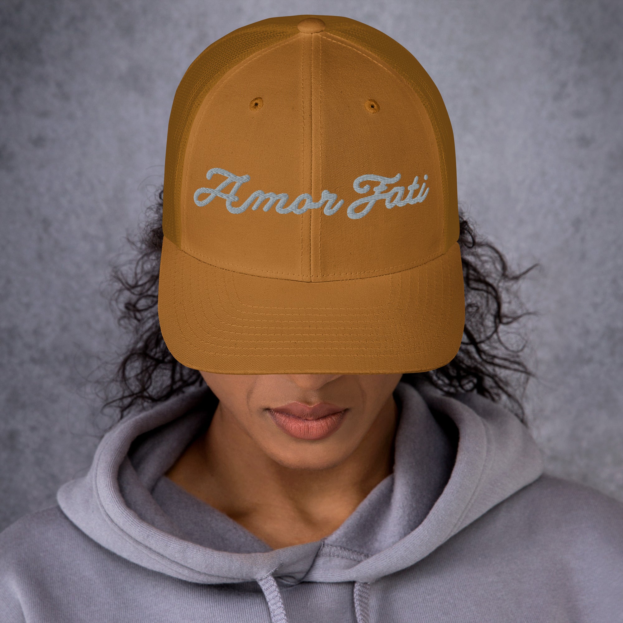 Trucker Cap - Amor Fati Embroidered Design by Los Gusanos | Classic Mesh Back Hat for Everyday Style