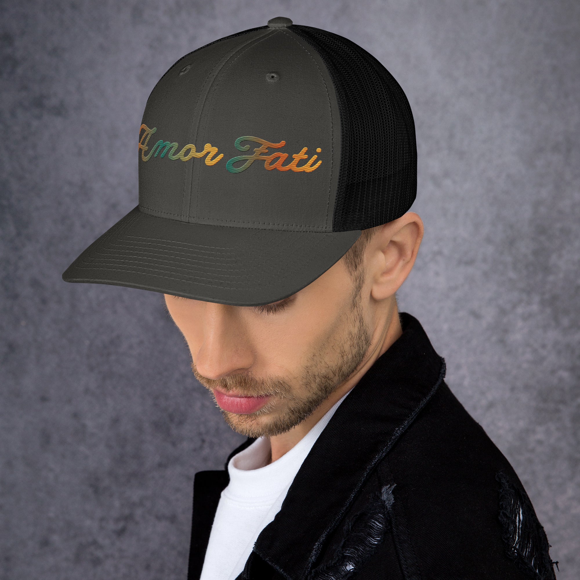 Trucker Cap - Amor Fati Embroidered Design by Los Gusanos | Classic Mesh Back Hat for Everyday Style