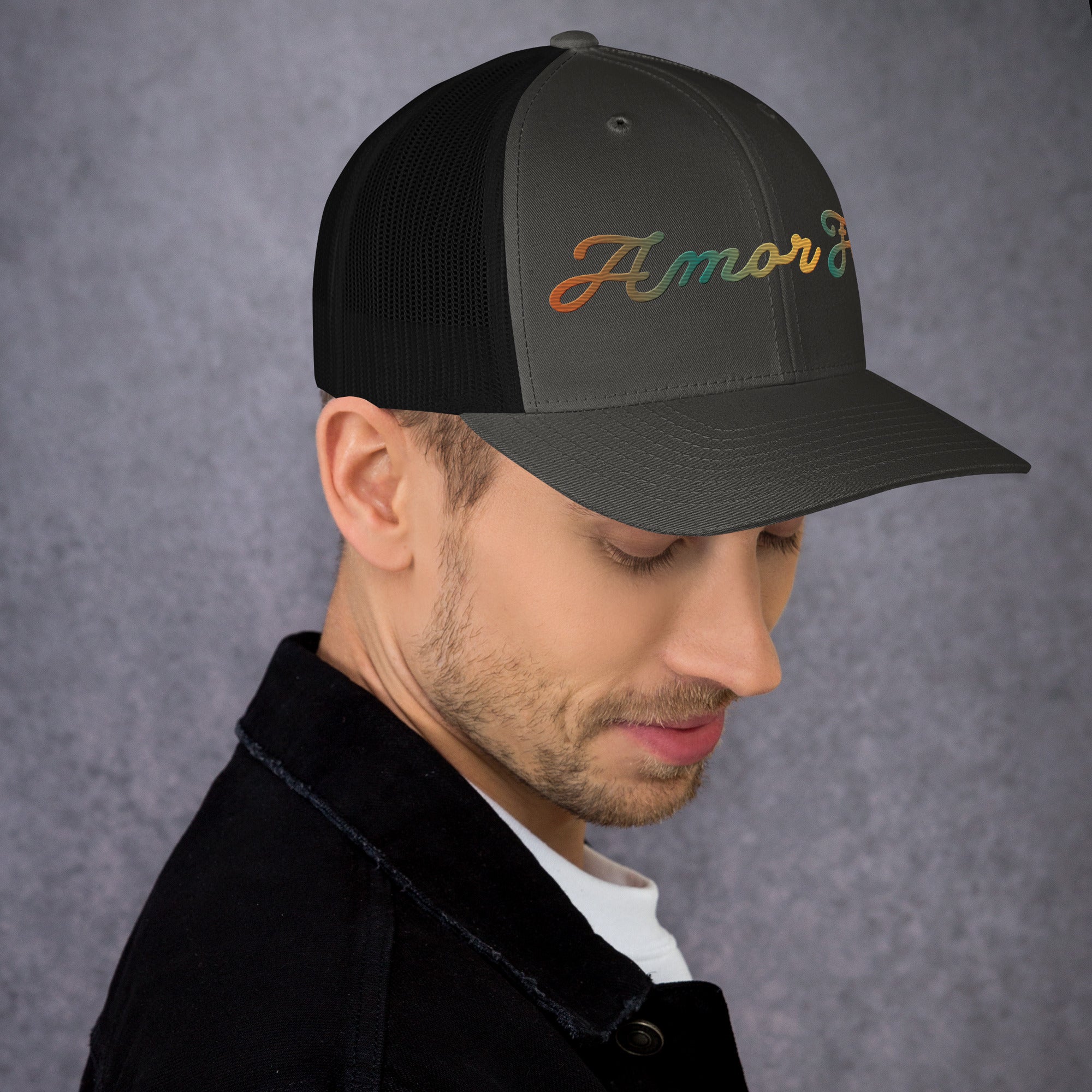 Trucker Cap - Amor Fati Embroidered Design by Los Gusanos | Classic Mesh Back Hat for Everyday Style