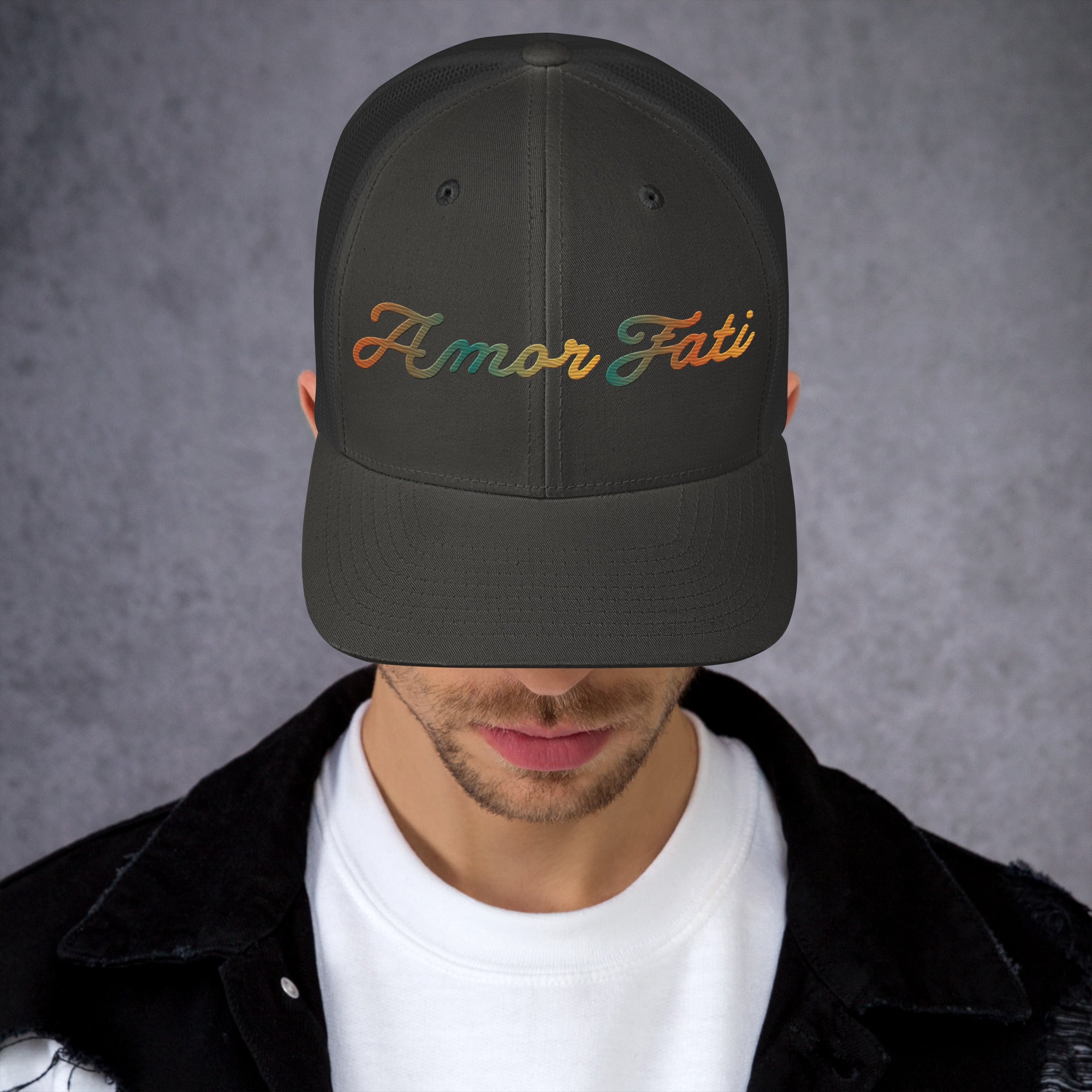 Trucker Cap - Amor Fati Embroidered Design by Los Gusanos | Classic Mesh Back Hat for Everyday Style