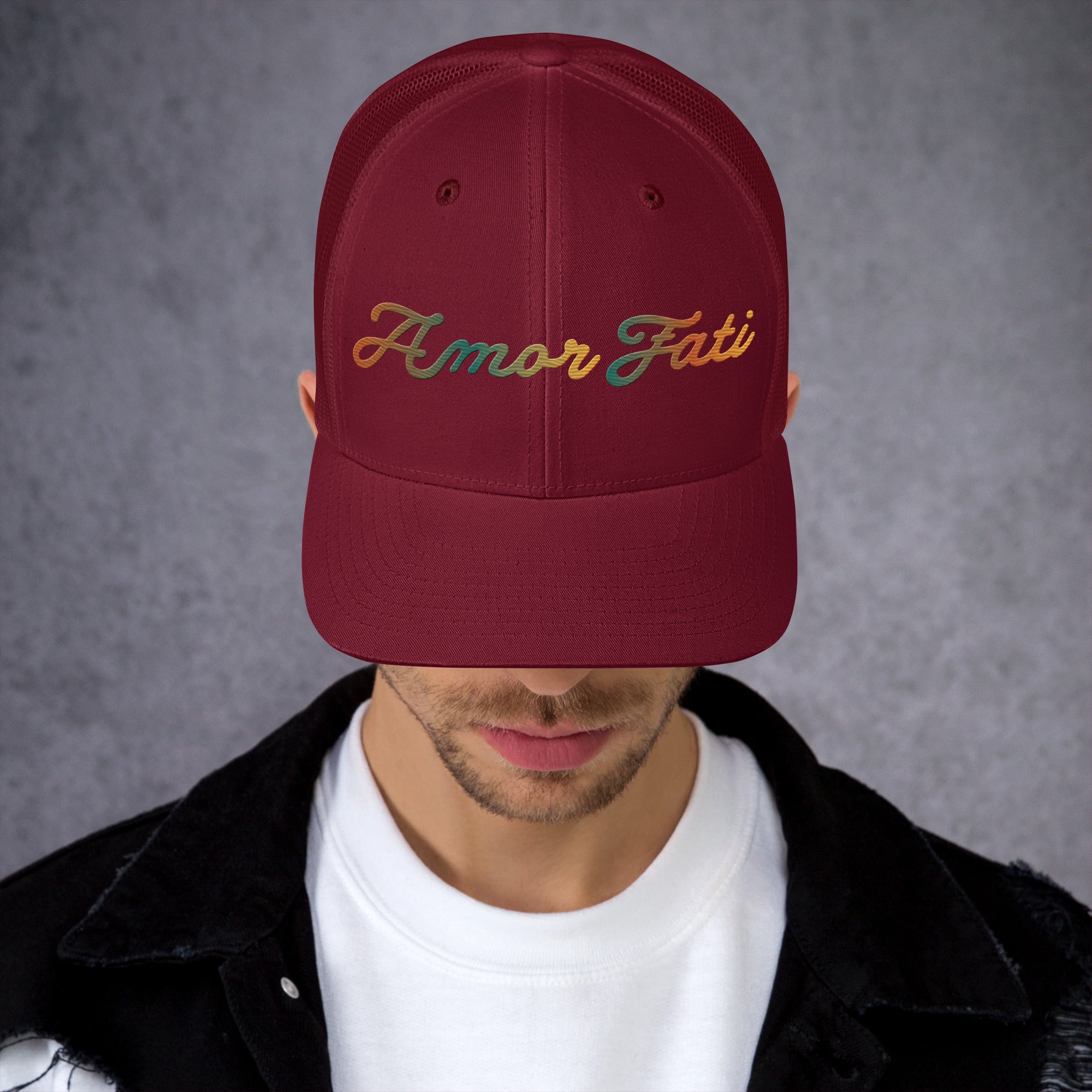 Trucker Cap - Amor Fati Embroidered Design by Los Gusanos | Classic Mesh Back Hat for Everyday Style