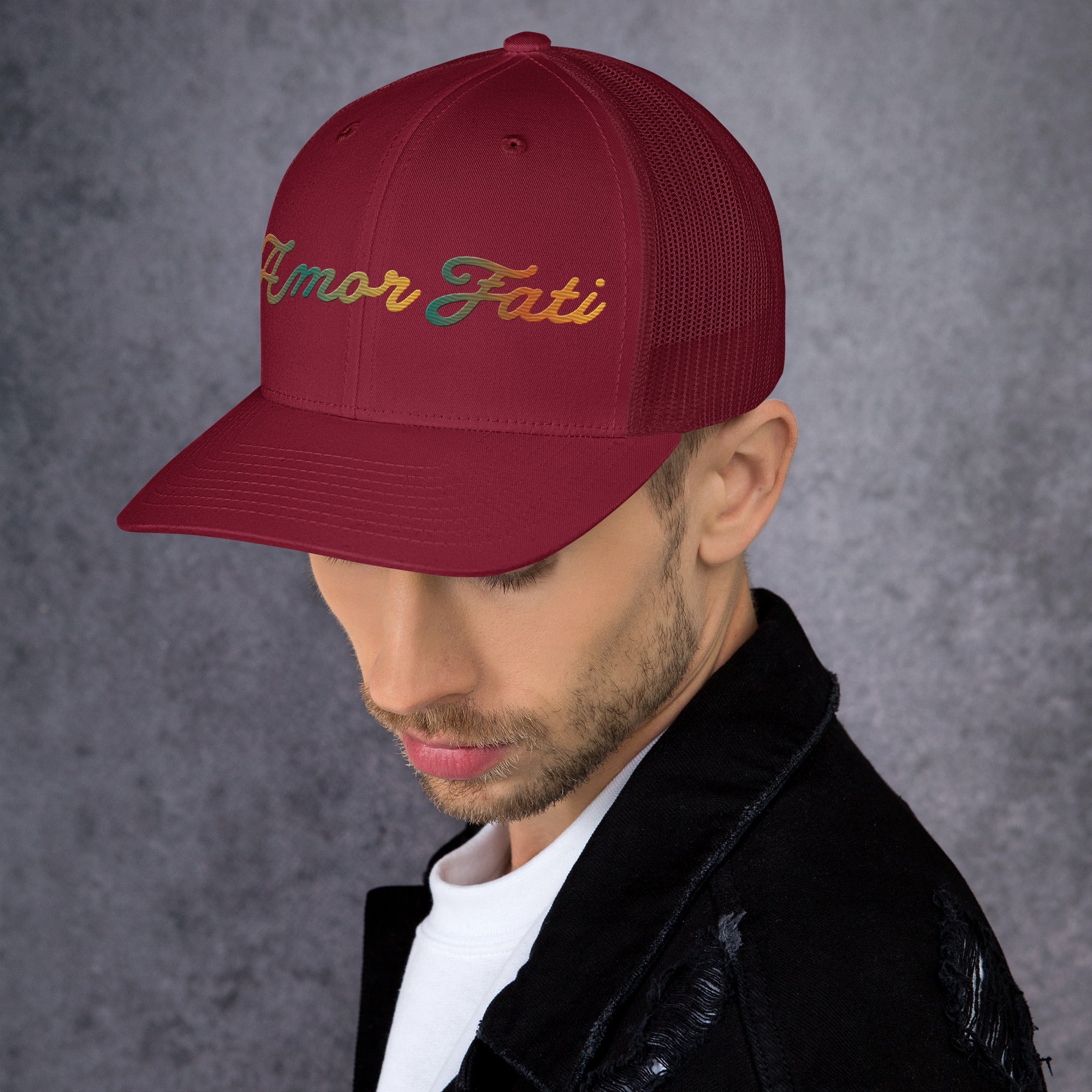 Trucker Cap - Amor Fati Embroidered Design by Los Gusanos | Classic Mesh Back Hat for Everyday Style