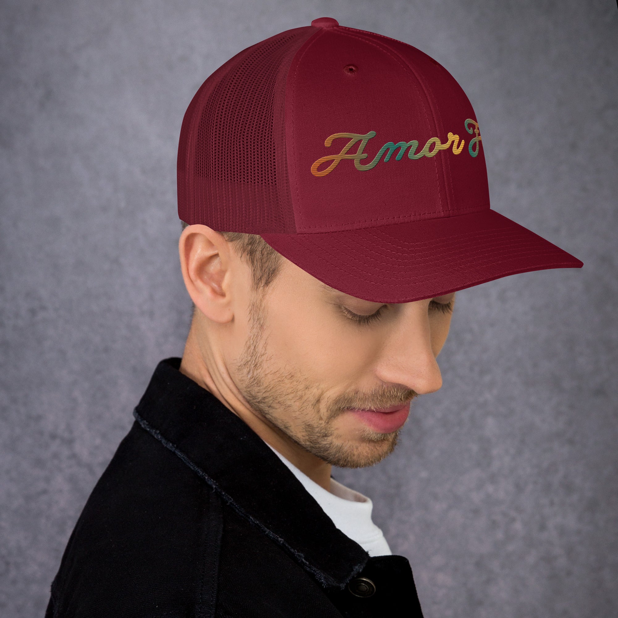 Trucker Cap - Amor Fati Embroidered Design by Los Gusanos | Classic Mesh Back Hat for Everyday Style