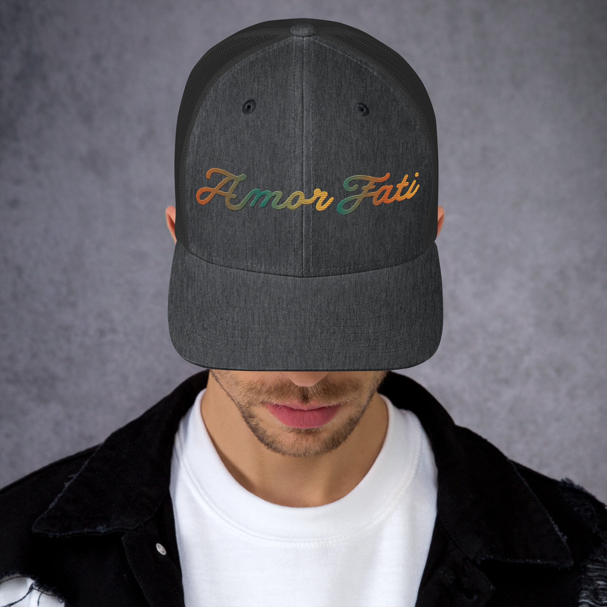 Trucker Cap - Amor Fati Embroidered Design by Los Gusanos | Classic Mesh Back Hat for Everyday Style