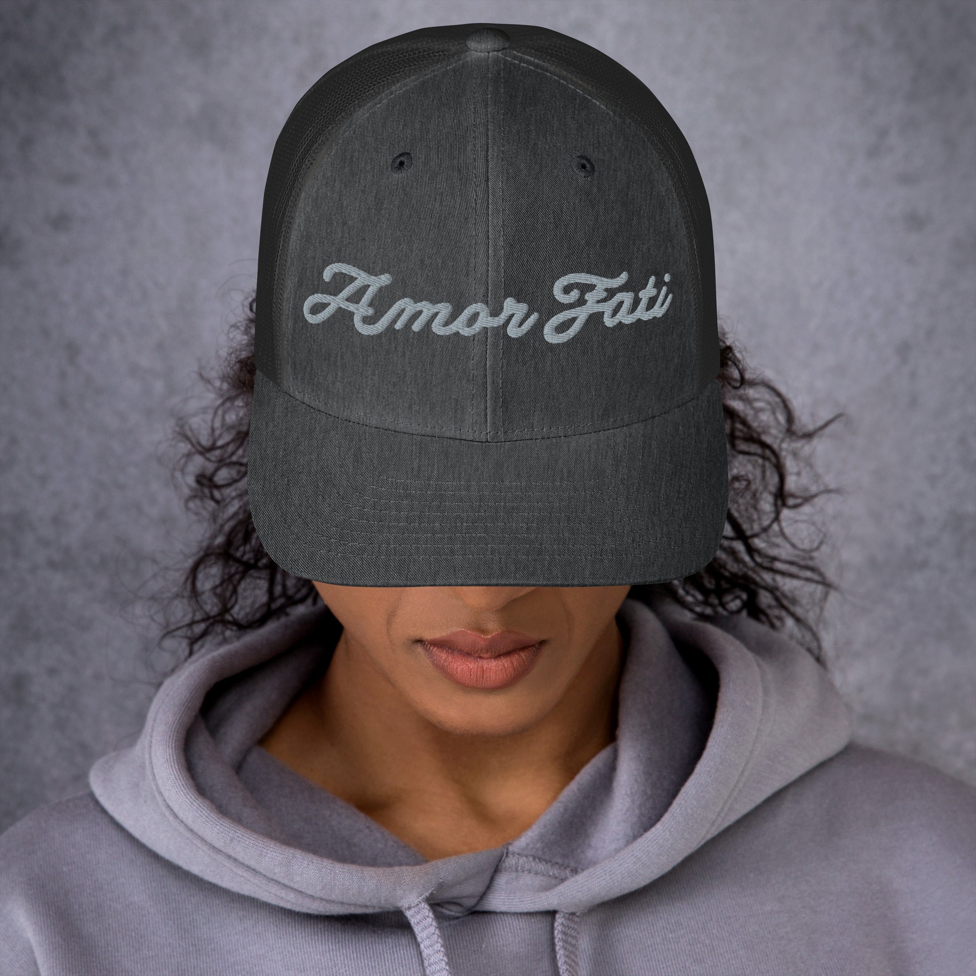 Trucker Cap - Amor Fati Embroidered Design by Los Gusanos | Classic Mesh Back Hat for Everyday Style