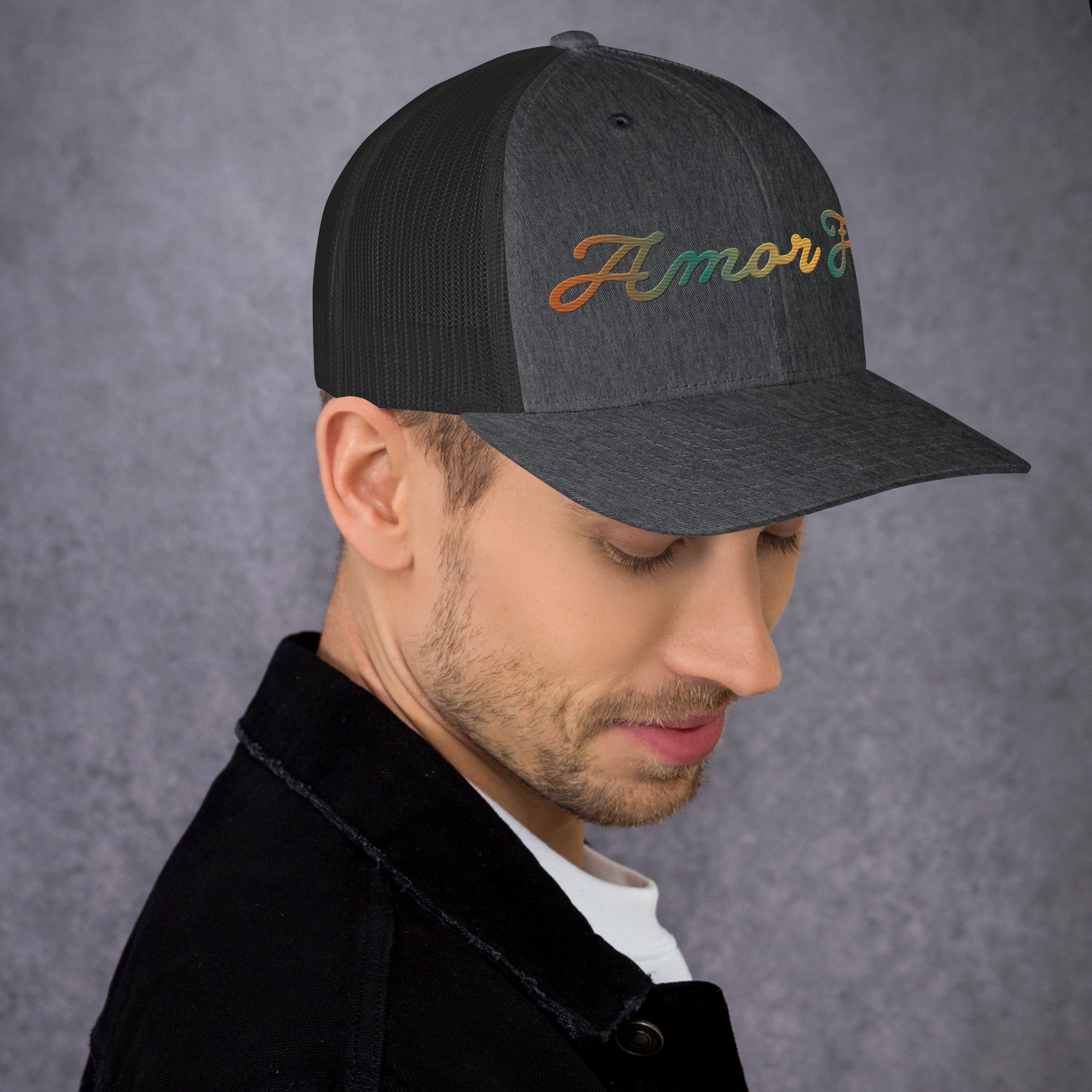 Trucker Cap - Amor Fati Embroidered Design by Los Gusanos | Classic Mesh Back Hat for Everyday Style