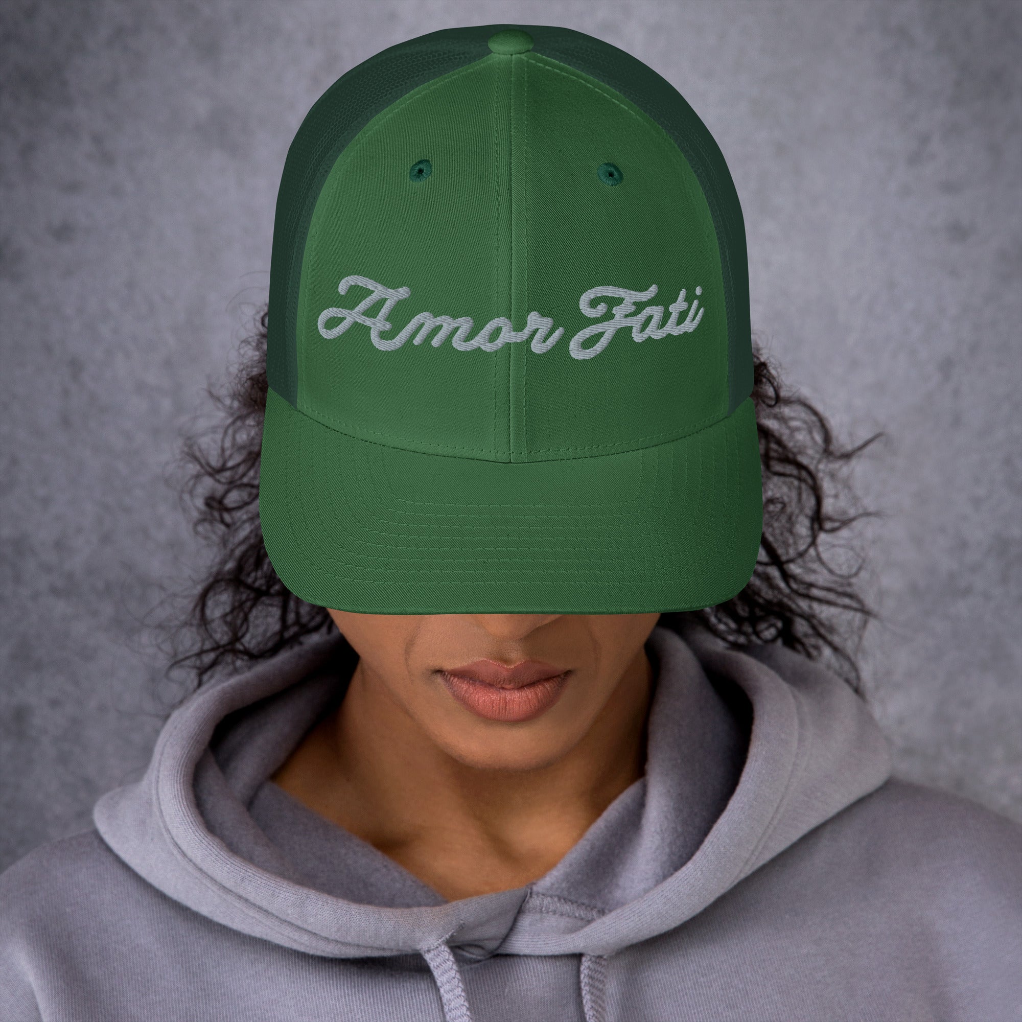 Trucker Cap - Amor Fati Embroidered Design by Los Gusanos | Classic Mesh Back Hat for Everyday Style