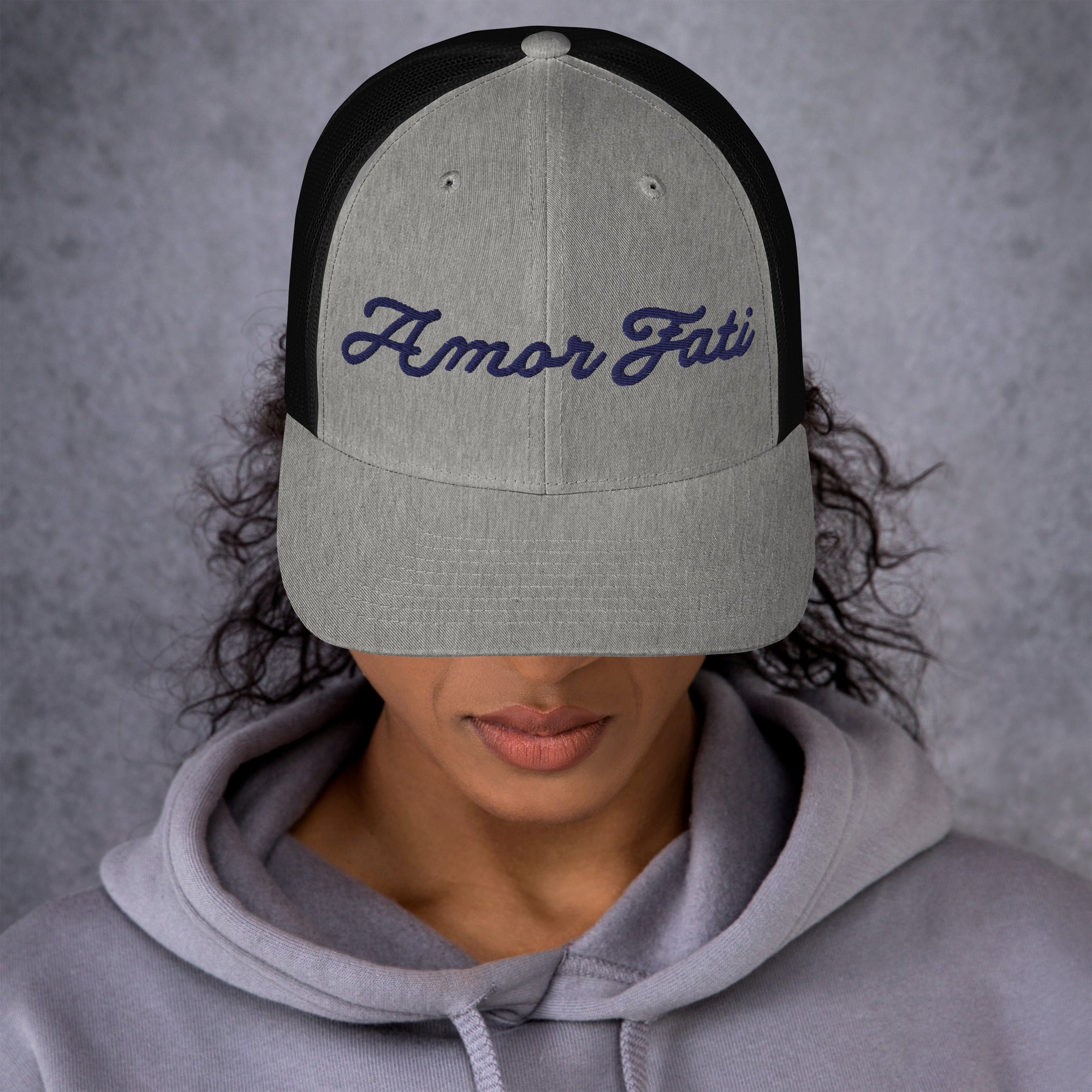 Trucker Cap - Amor Fati Embroidered Design by Los Gusanos | Classic Mesh Back Hat for Everyday Style