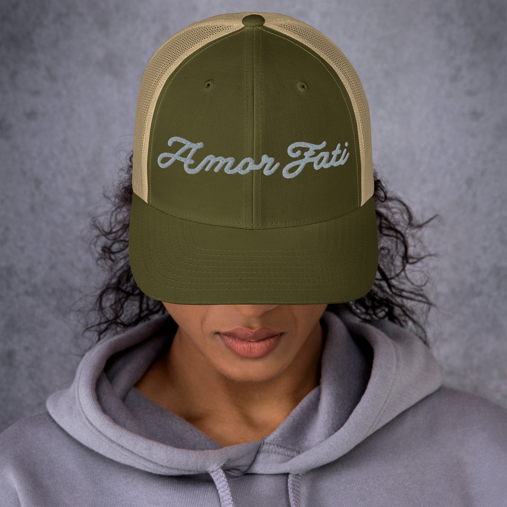 Trucker Cap - Amor Fati Embroidered Design by Los Gusanos | Classic Mesh Back Hat for Everyday Style