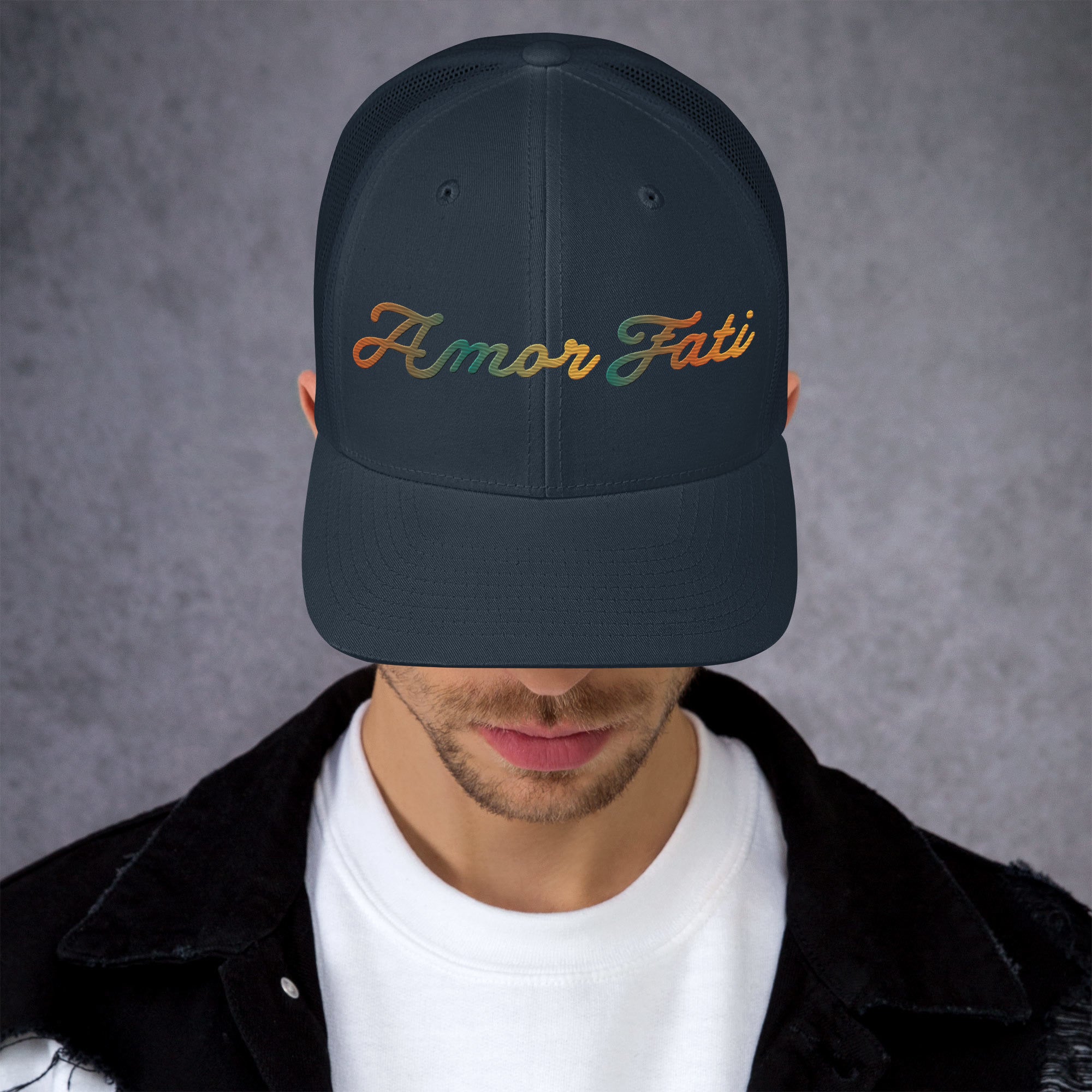 Trucker Cap - Amor Fati Embroidered Design by Los Gusanos | Classic Mesh Back Hat for Everyday Style