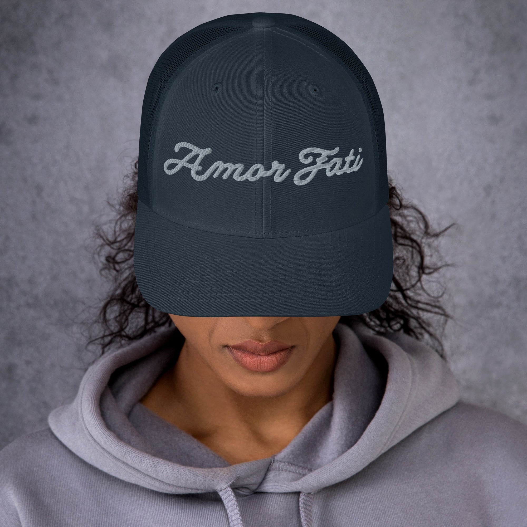 Trucker Cap - Amor Fati Embroidered Design by Los Gusanos | Classic Mesh Back Hat for Everyday Style