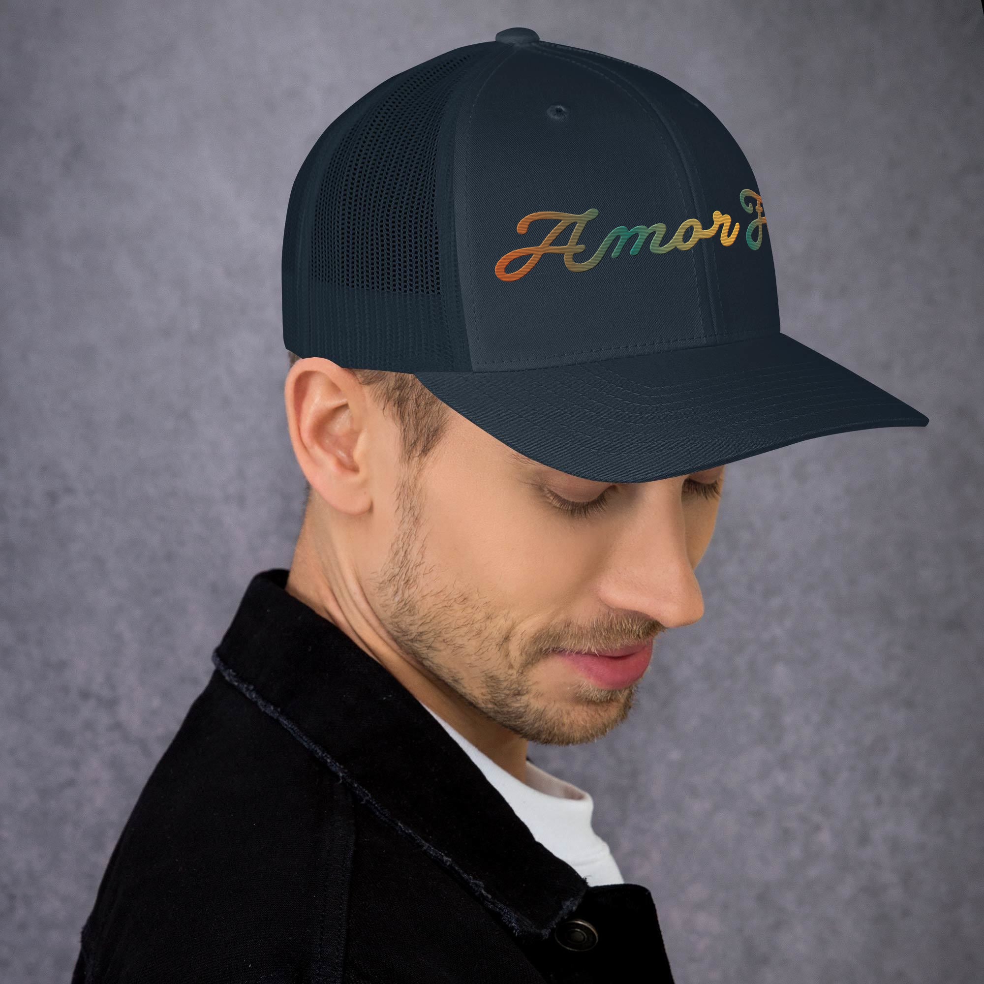 Trucker Cap - Amor Fati Embroidered Design by Los Gusanos | Classic Mesh Back Hat for Everyday Style