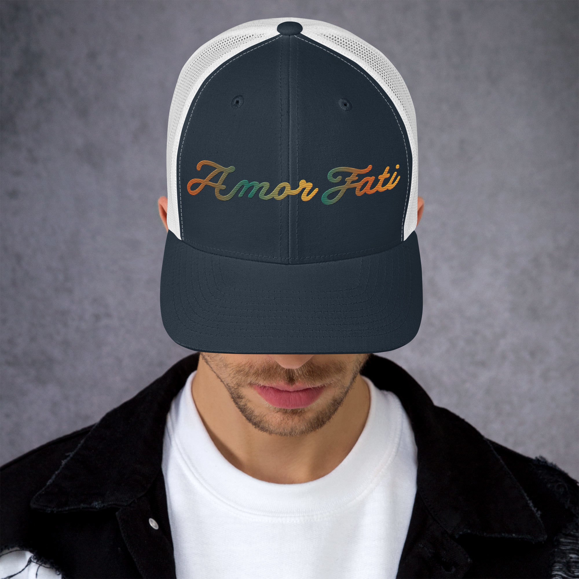 Trucker Cap - Amor Fati Embroidered Design by Los Gusanos | Classic Mesh Back Hat for Everyday Style