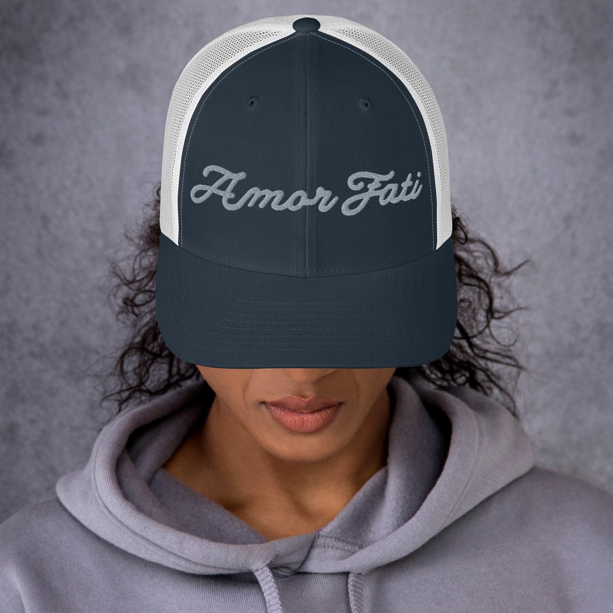 Trucker Cap - Amor Fati Embroidered Design by Los Gusanos | Classic Mesh Back Hat for Everyday Style