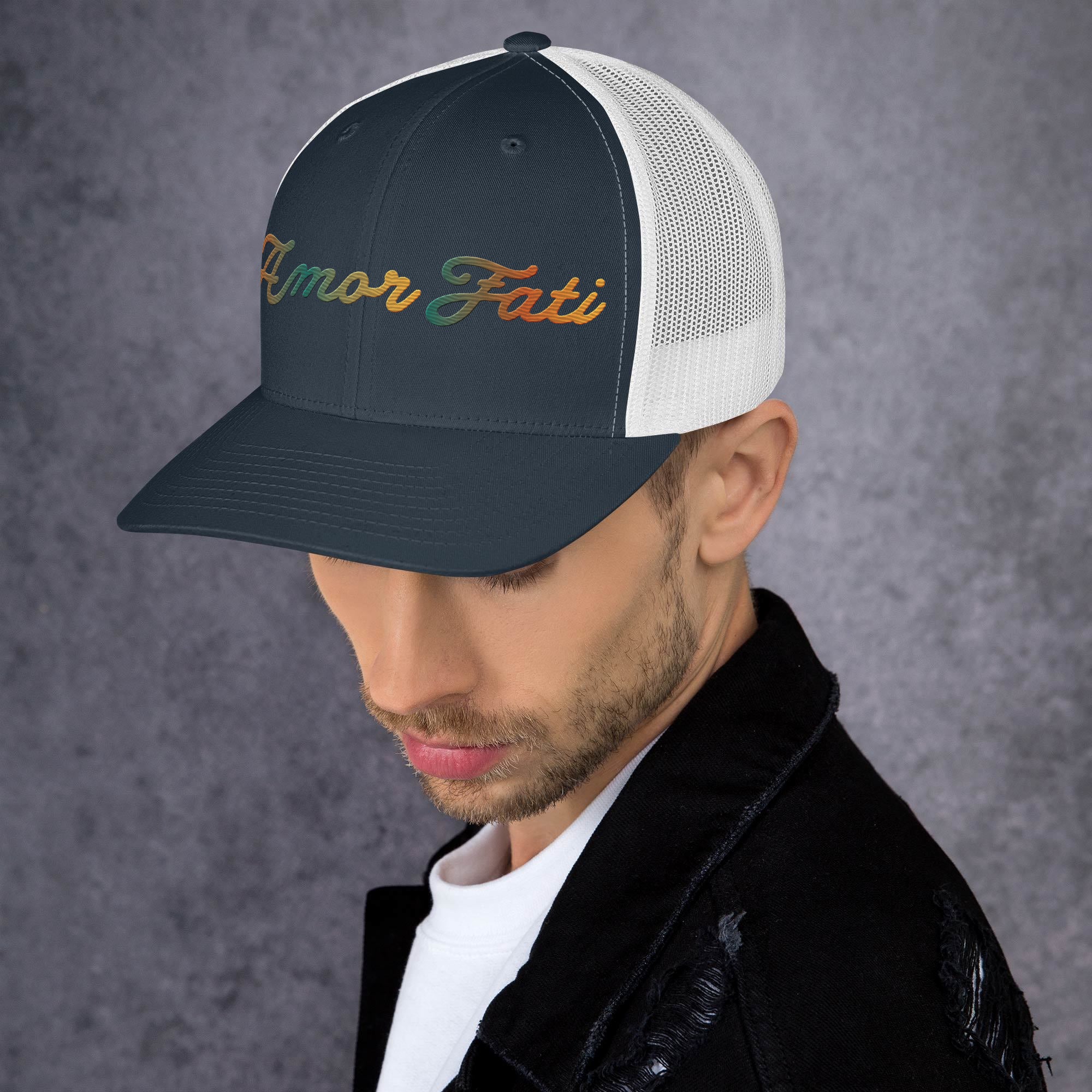 Trucker Cap - Amor Fati Embroidered Design by Los Gusanos | Classic Mesh Back Hat for Everyday Style