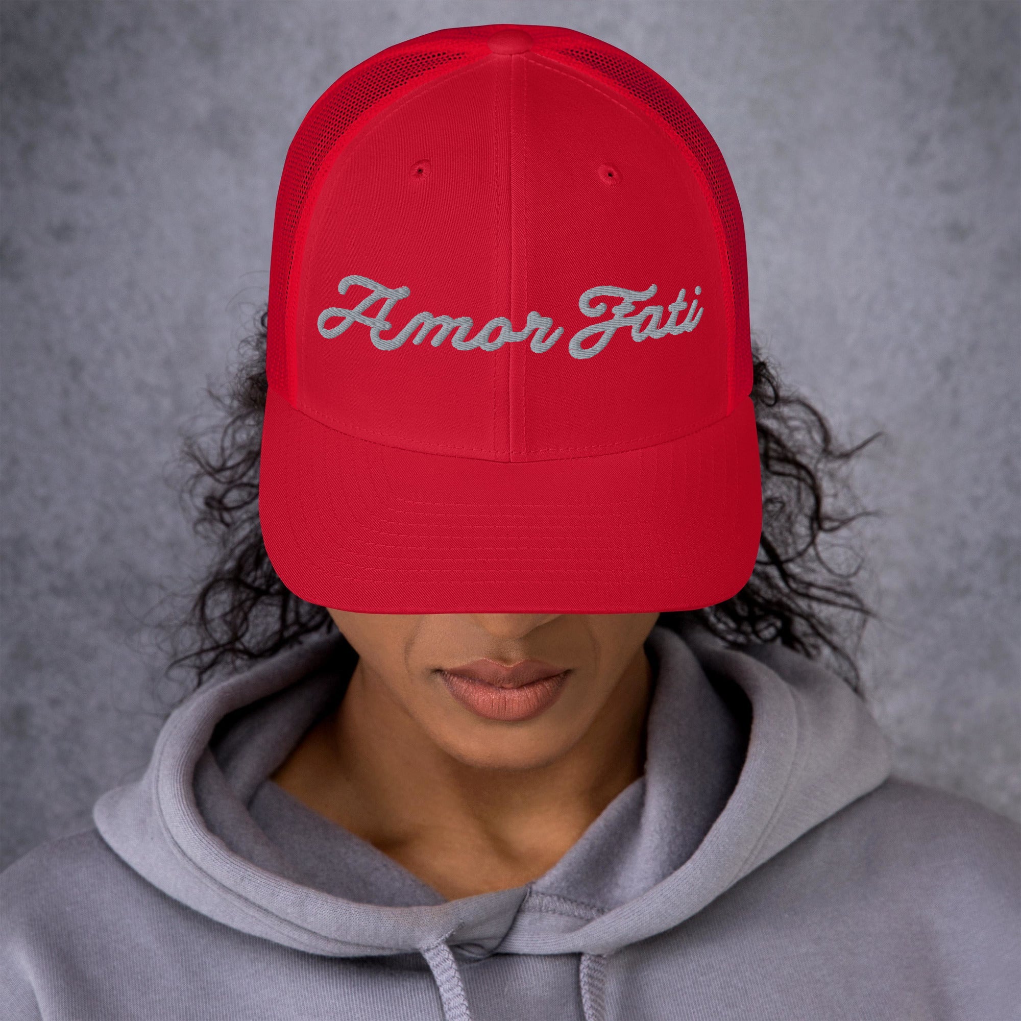 Trucker Cap - Amor Fati Embroidered Design by Los Gusanos | Classic Mesh Back Hat for Everyday Style