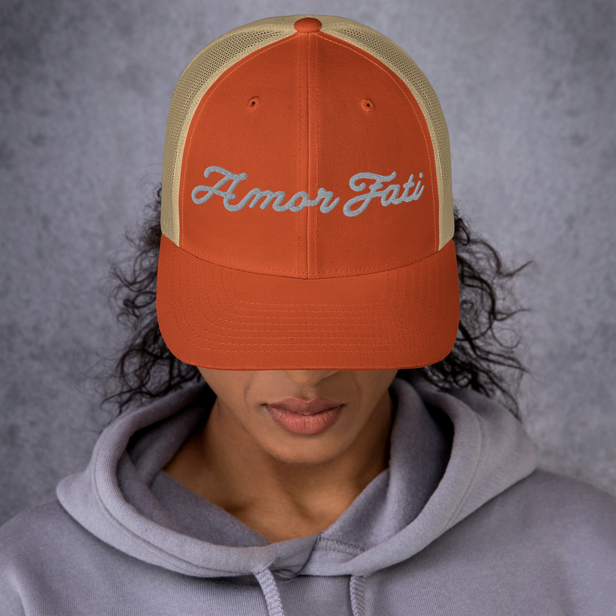 Trucker Cap - Amor Fati Embroidered Design by Los Gusanos | Classic Mesh Back Hat for Everyday Style