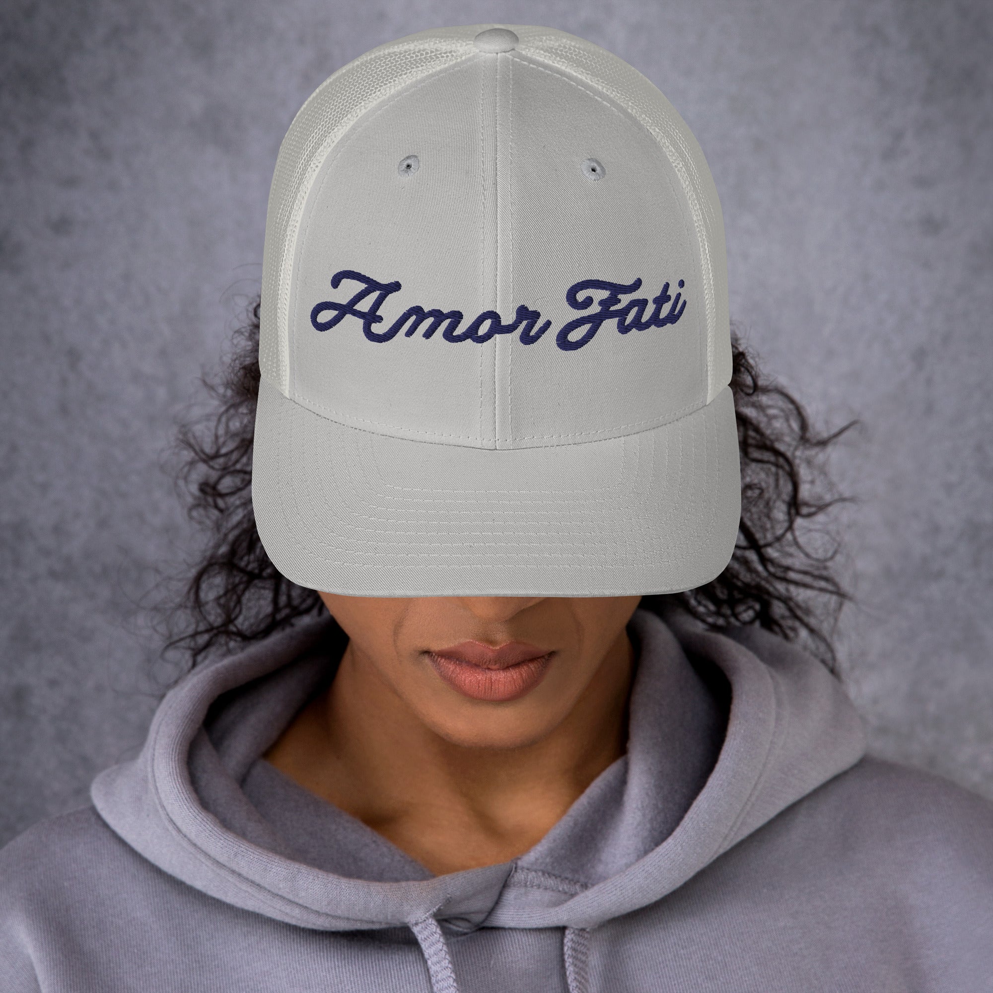 Trucker Cap - Amor Fati Embroidered Design by Los Gusanos | Classic Mesh Back Hat for Everyday Style