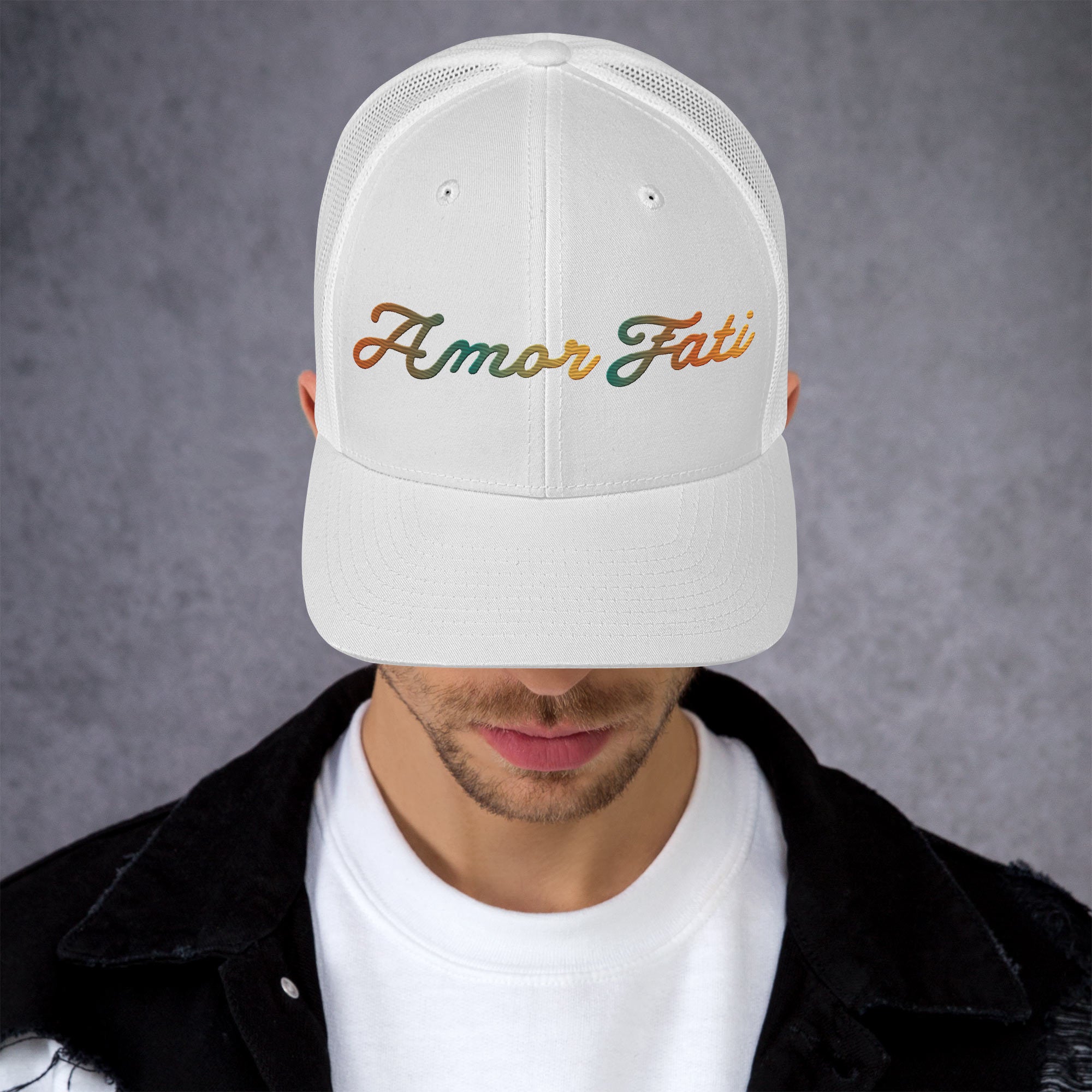 Trucker Cap - Amor Fati Embroidered Design by Los Gusanos | Classic Mesh Back Hat for Everyday Style