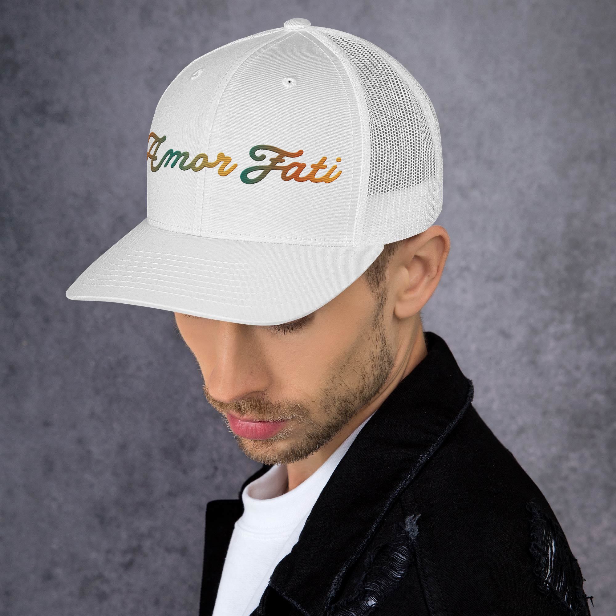 Trucker Cap - Amor Fati Embroidered Design by Los Gusanos | Classic Mesh Back Hat for Everyday Style