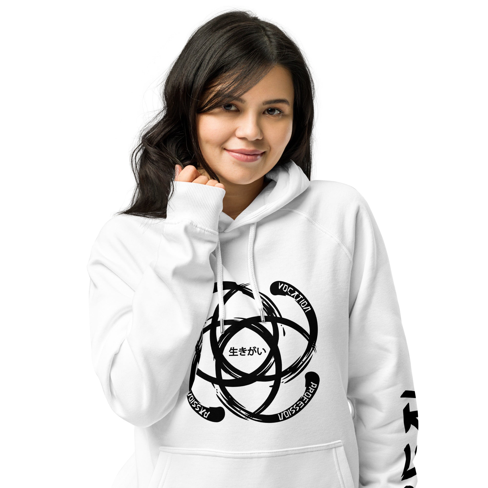 Unisex Eco Raglan Hoodie - Ikigai Design by Los Gusanos | Essential, Customizable Hoodie to Represent Your Style