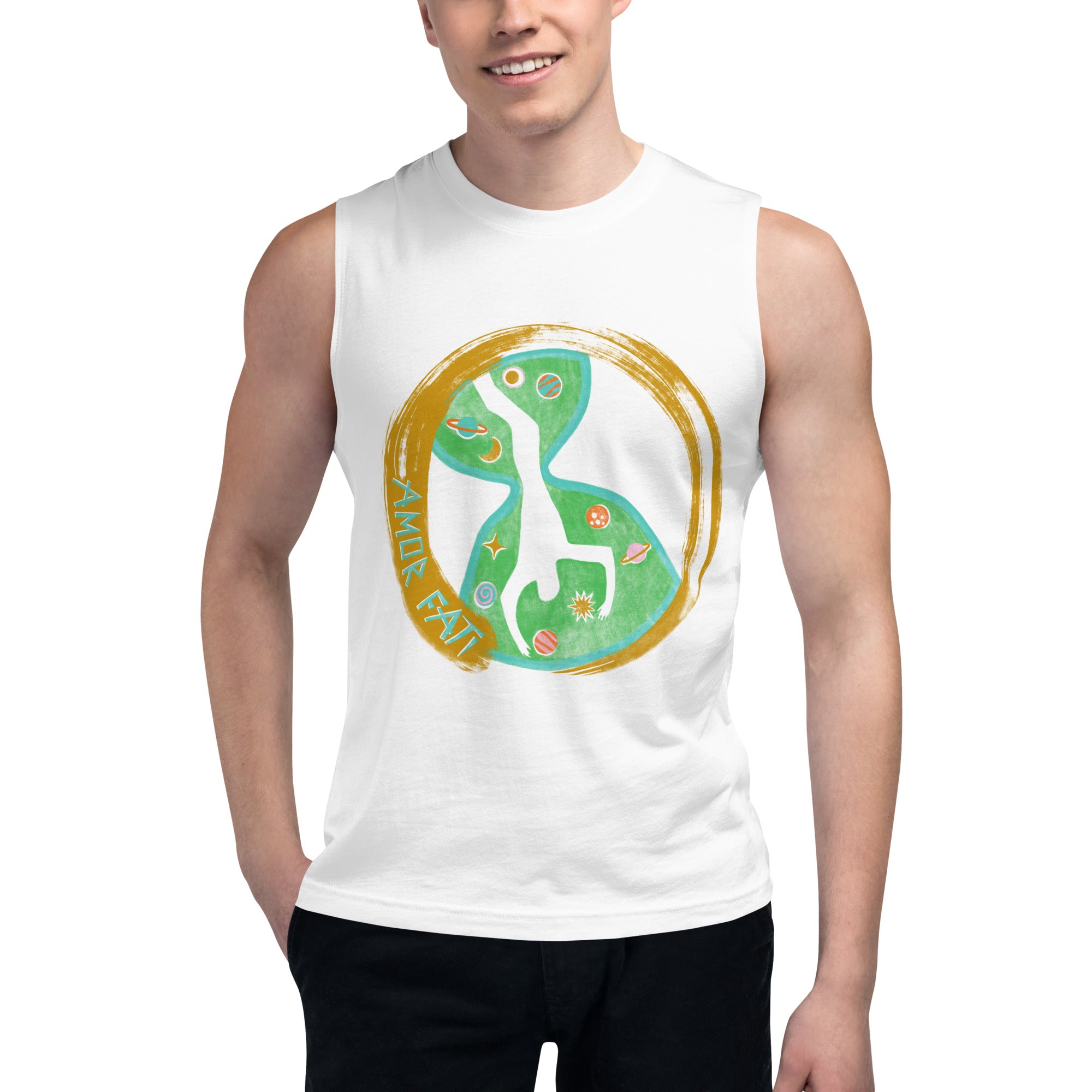 Muscle Shirt for Men- Amor Fati Digital Print by Los Gusanos | Gym-Ready Muscle Fit Shirt