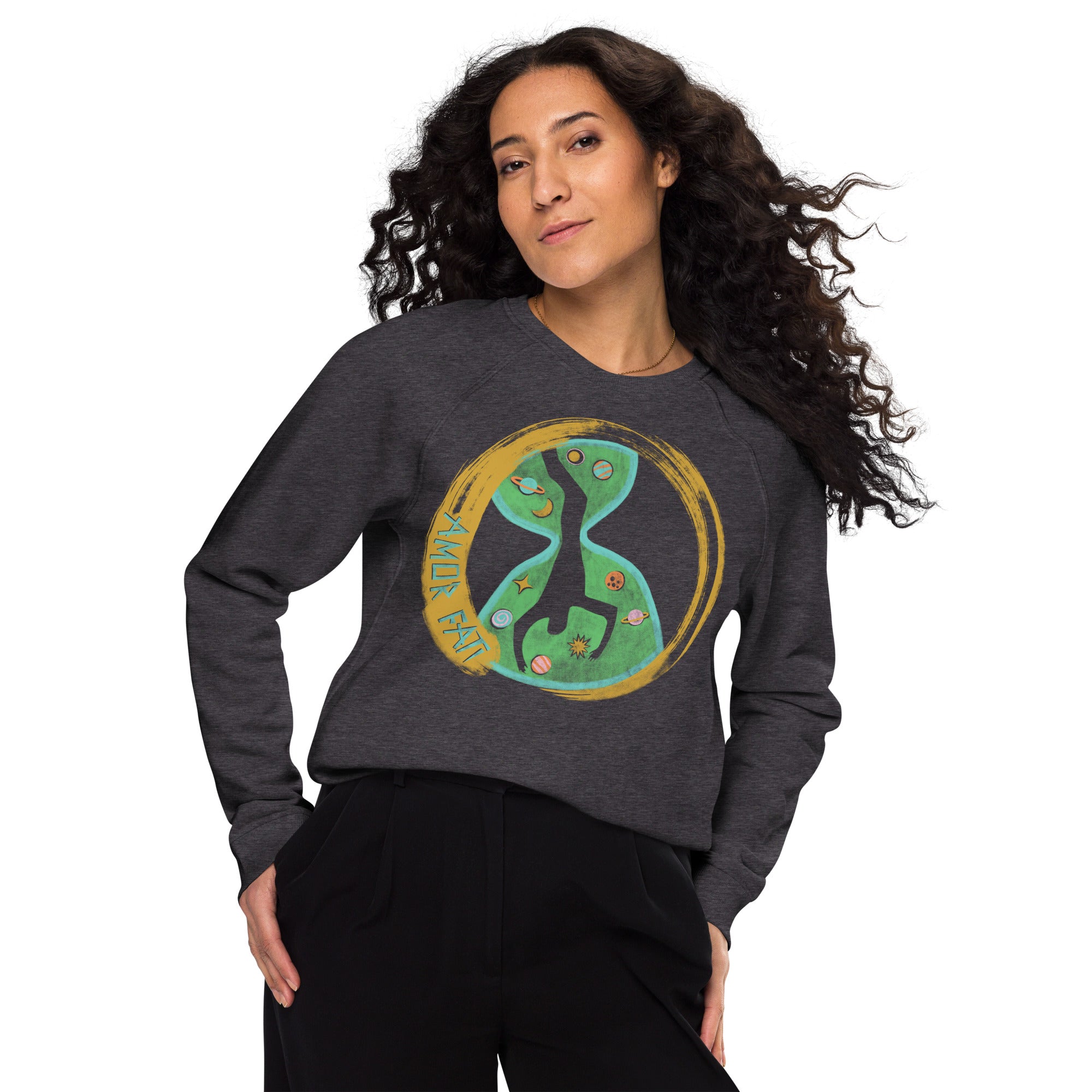 Unisex Organic Raglan Sweatshirt - Amor Fati Digital Print Design by Los Gusanos | Essential Crewneck Sweatshirt for Men & Women