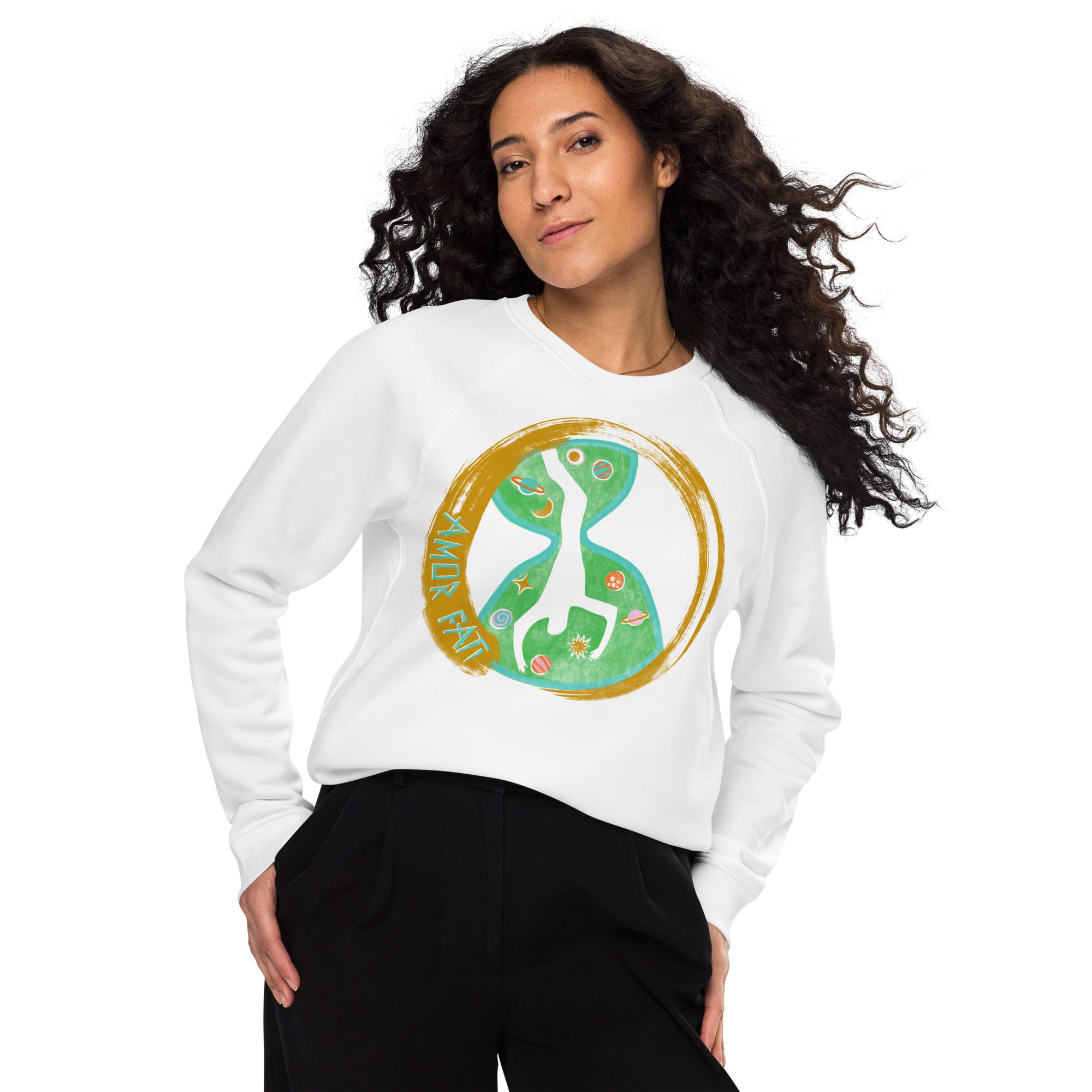 Unisex Organic Raglan Sweatshirt - Amor Fati Digital Print Design by Los Gusanos | Essential Crewneck Sweatshirt for Men & Women